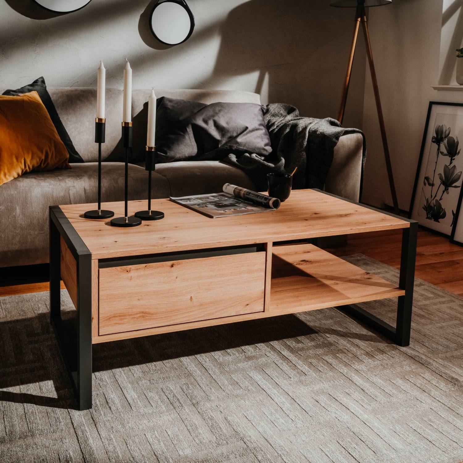 Coffee Table Living Room Table 1 Drawer Storage Wooden Table Grey Natural