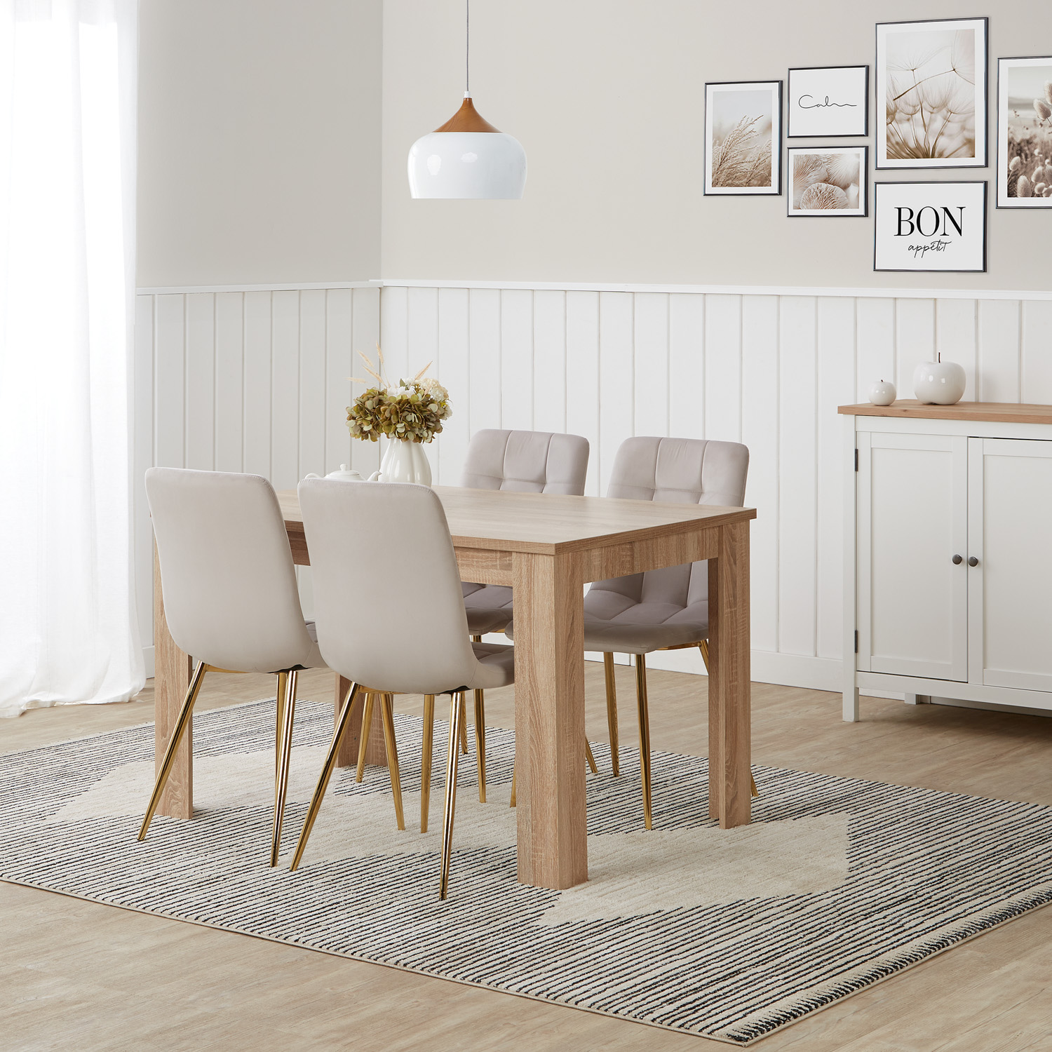Modern Dining Table Sonoma Oak 120x80 cm with 4 Creme Velvet Chairs Dining Room Table Natural Wooden Table