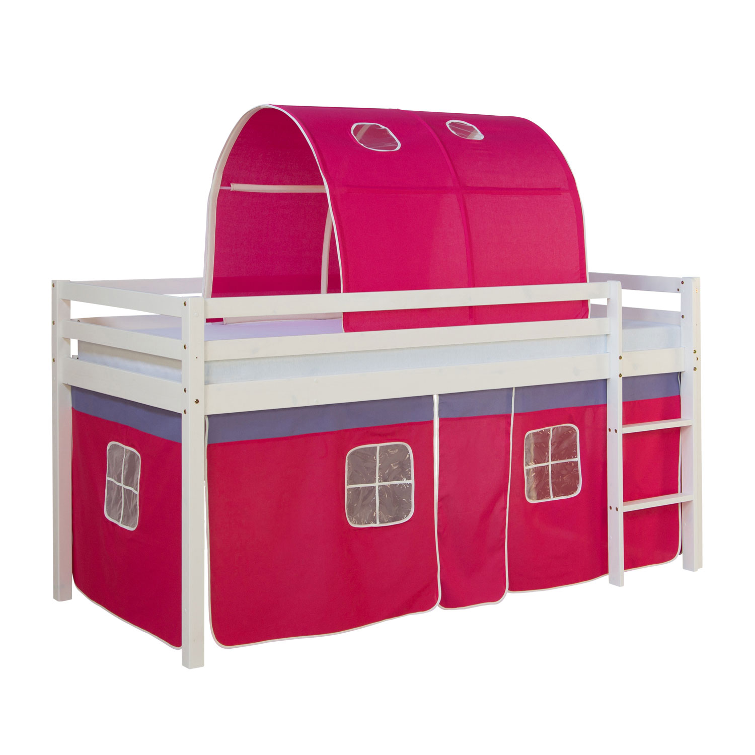 Loft Bed Kids 90x200 cm White with Curtain in Pink | Tunnel | with Slatted Frame Loftbed 90x200 cm with Mattress Bunk bed Childrens bed Solid Pine Wood Slats Tunnel Curtain Pink