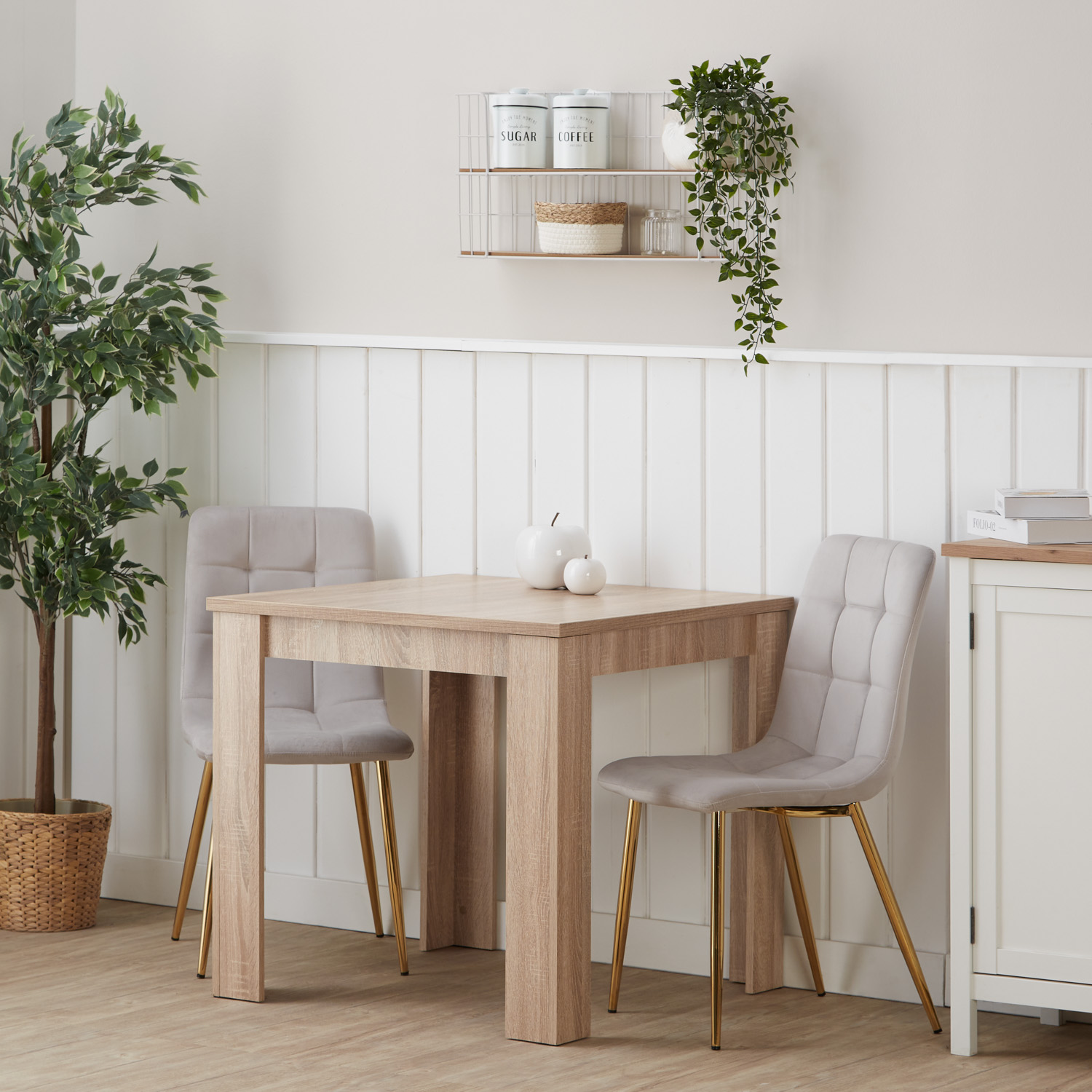 Modern Dining Table Sonoma Oak 80x80 cm with 2 Creme Velvet Chairs Dining Room Table Natural Wooden Table