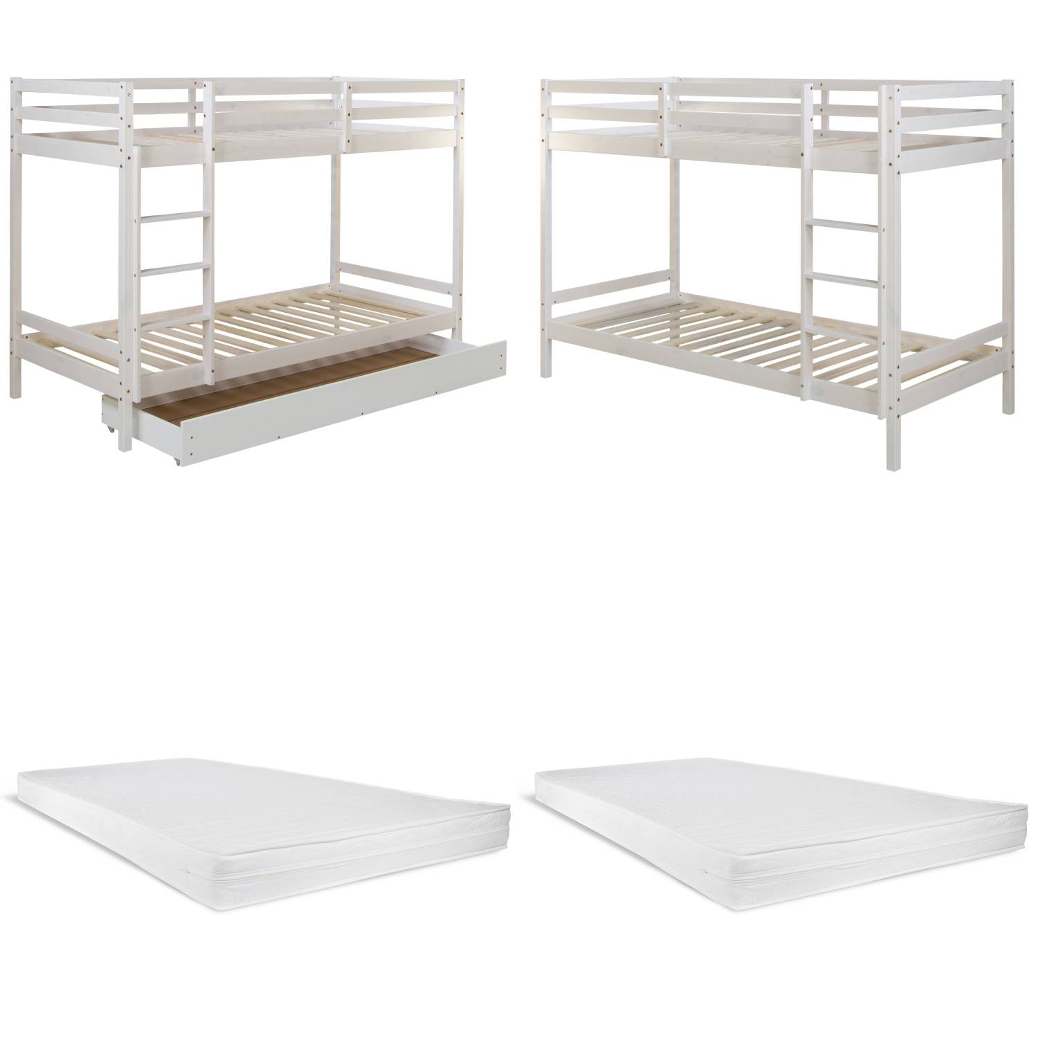 Bunk bed with or without drawer and 2 matresses Children bed 90x200 cm wooden Kids bed Set High sleeper White Slats