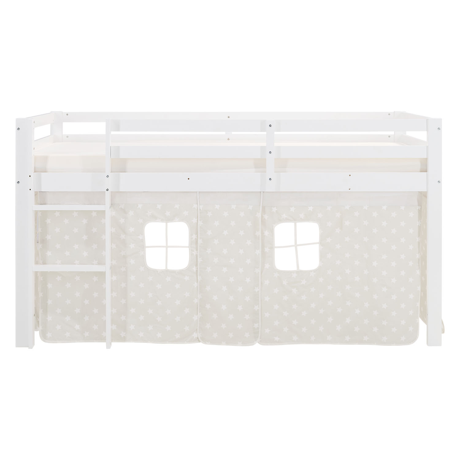 Children's Loft Bed 90x200 cm White with Star Curtain | Includes Slatted Base