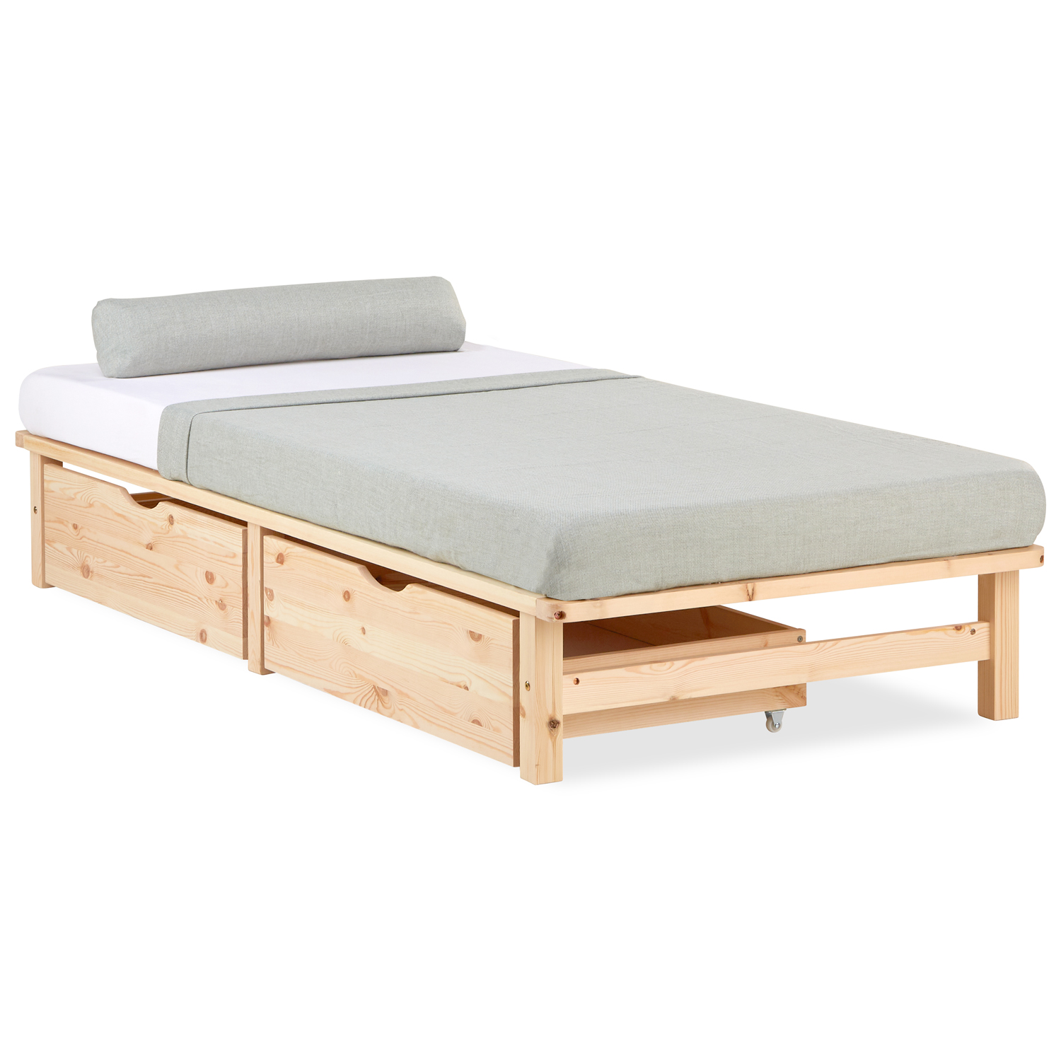 90x200 cm Natural Pallet Bed with Drawers & Slatted Base – Solid Wood Single Bed with Storage