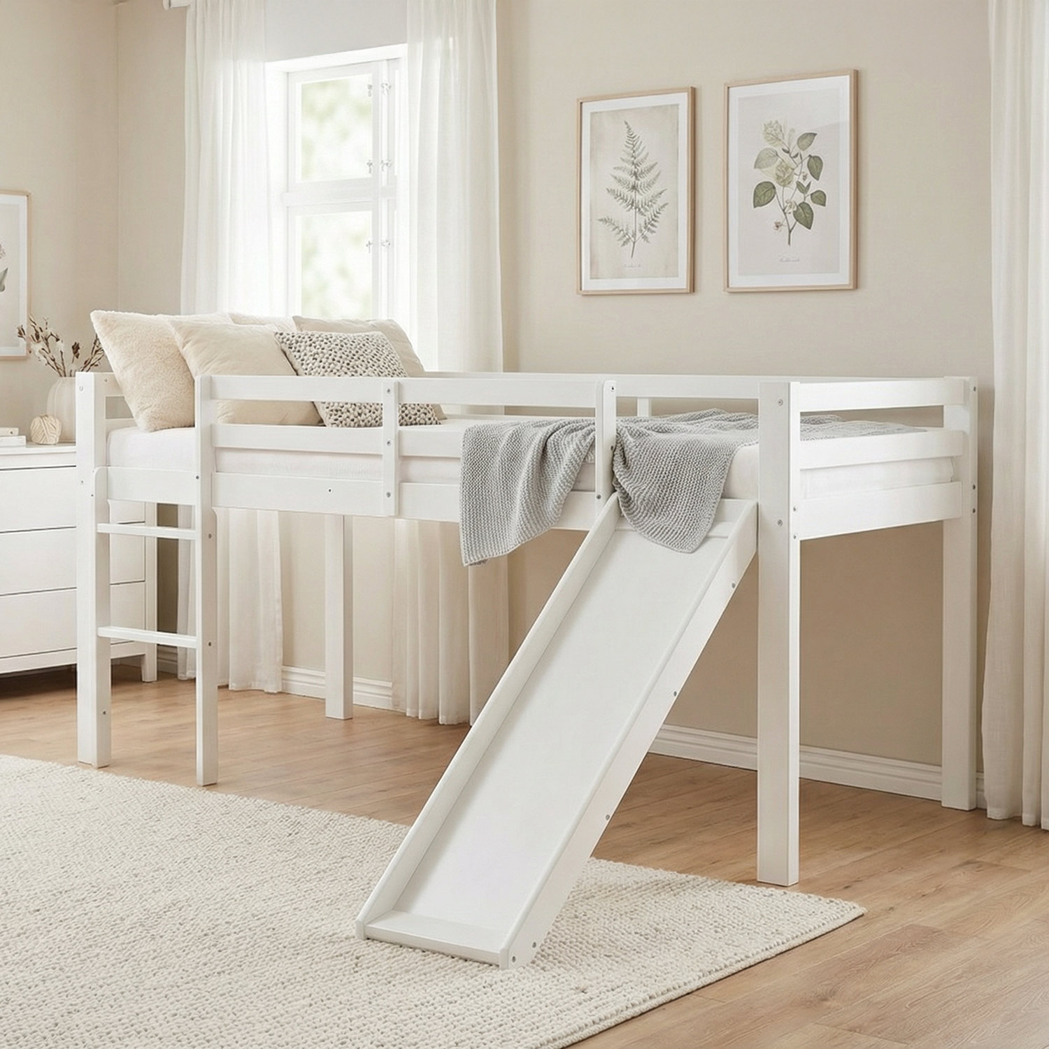Loft Bed with Mattress, Slatted Base, and Slide – 90x200 cm – Children's Bed – White – Solid Wood
