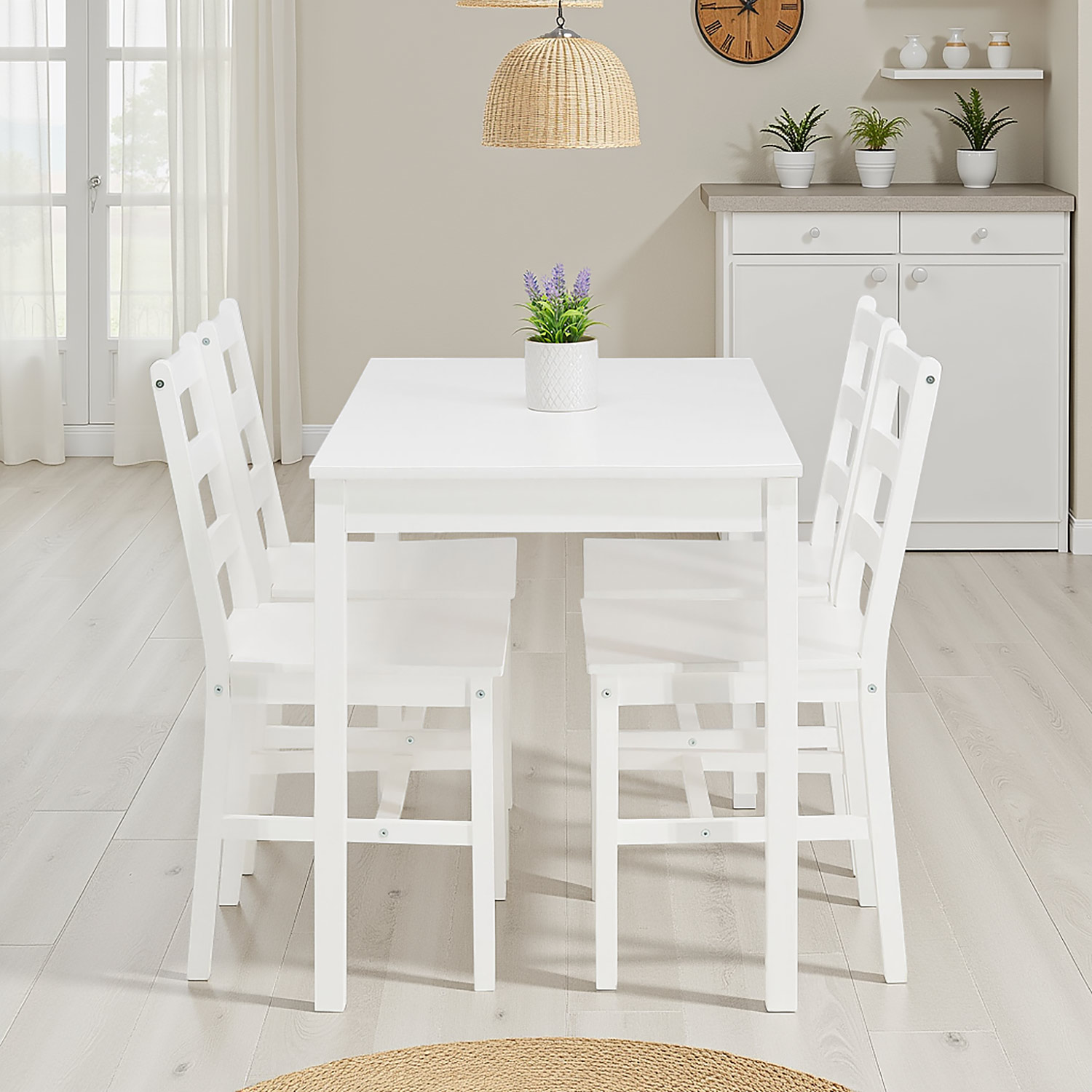 Esstisch mit 4 Stühlen Set Essgruppe Weiß Natur Esszimmertisch 108x65 cm Küchenstühle Holz Massiv Landhausstil