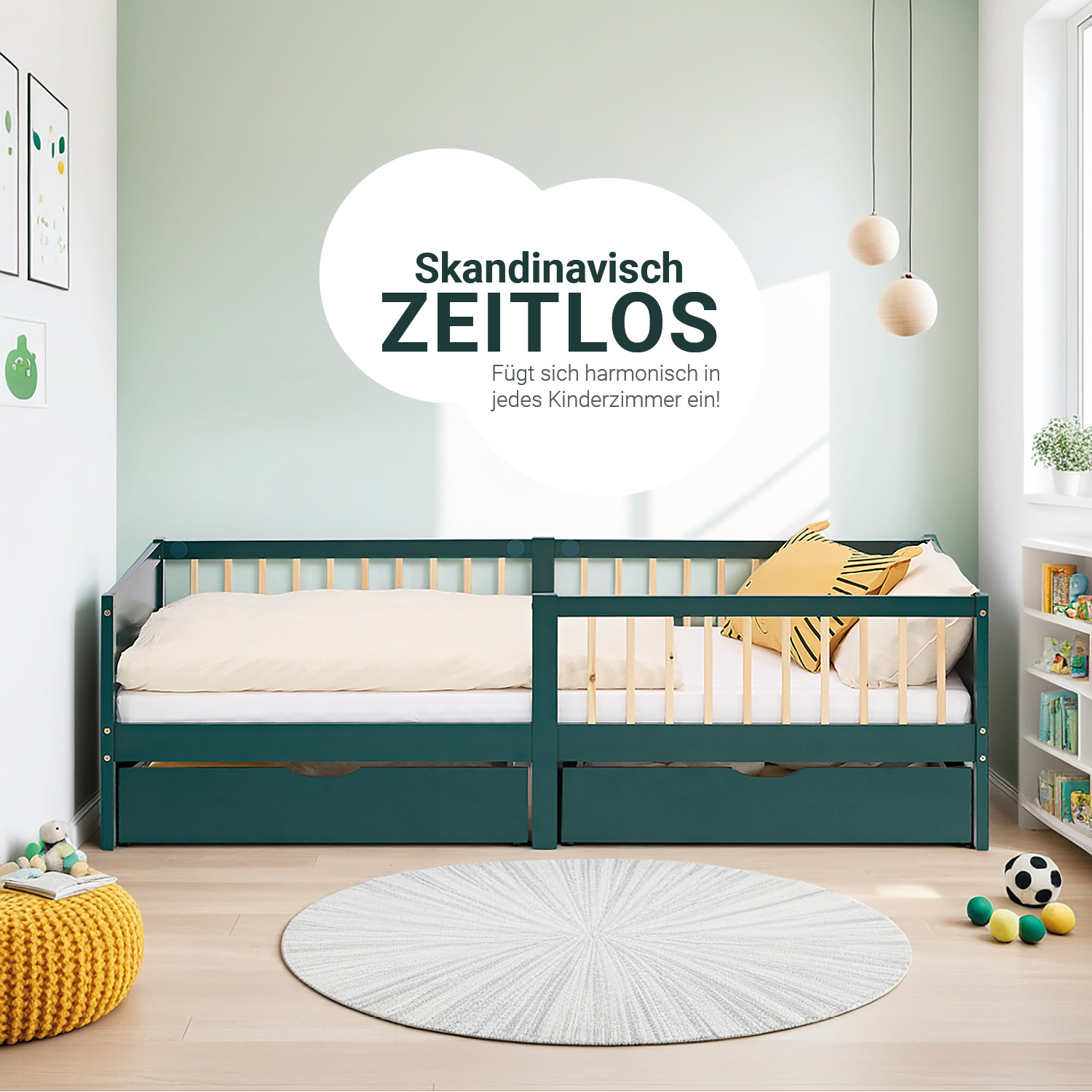 Children's Bed 90x200 cm Green | Wooden bed with 2 drawers | Single Bed | with Slatted Frame | Fall Protection