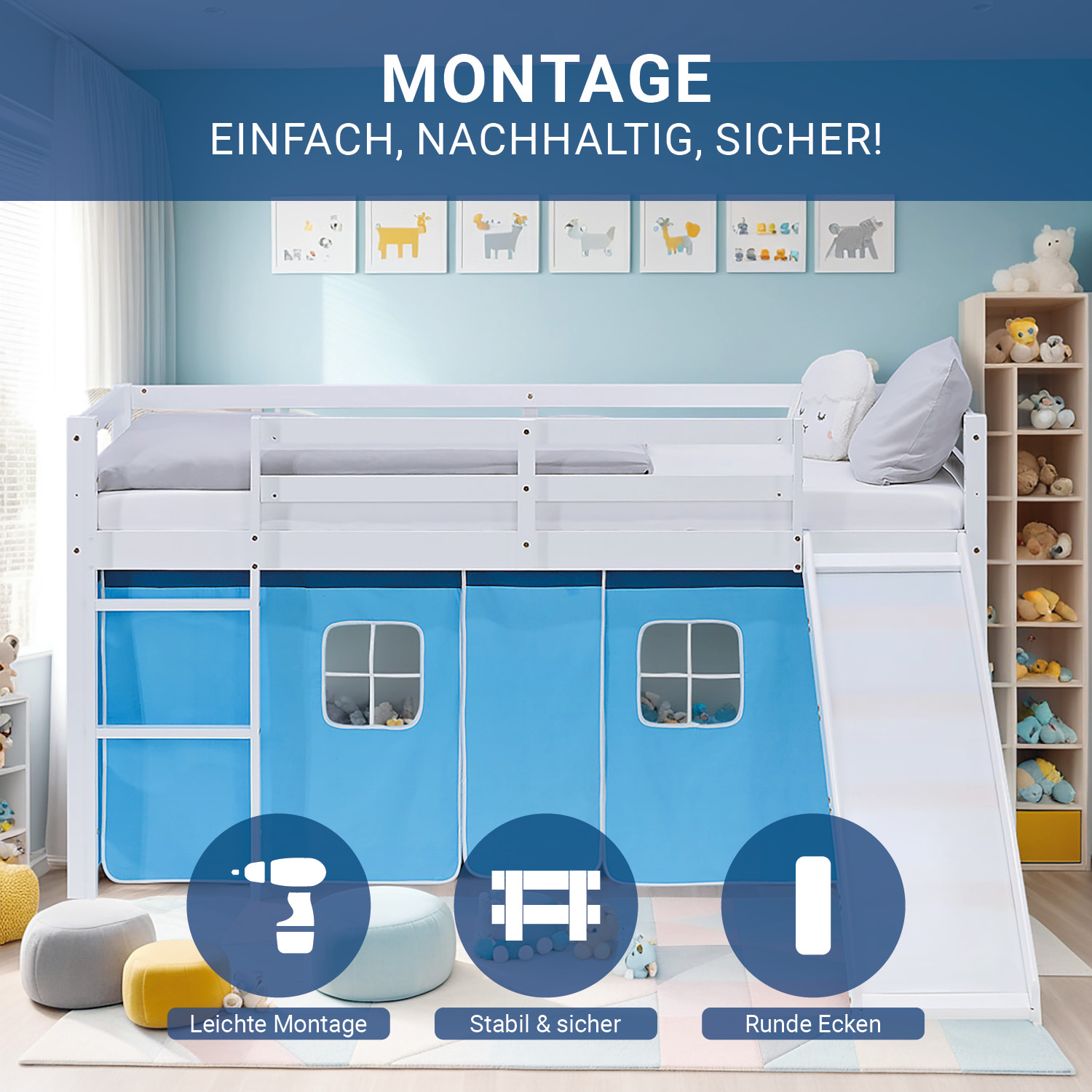 Loft Bed for Kids 90x200 cm White with Curtain in Blue | Slide | with Slatted Frame and Mattress
