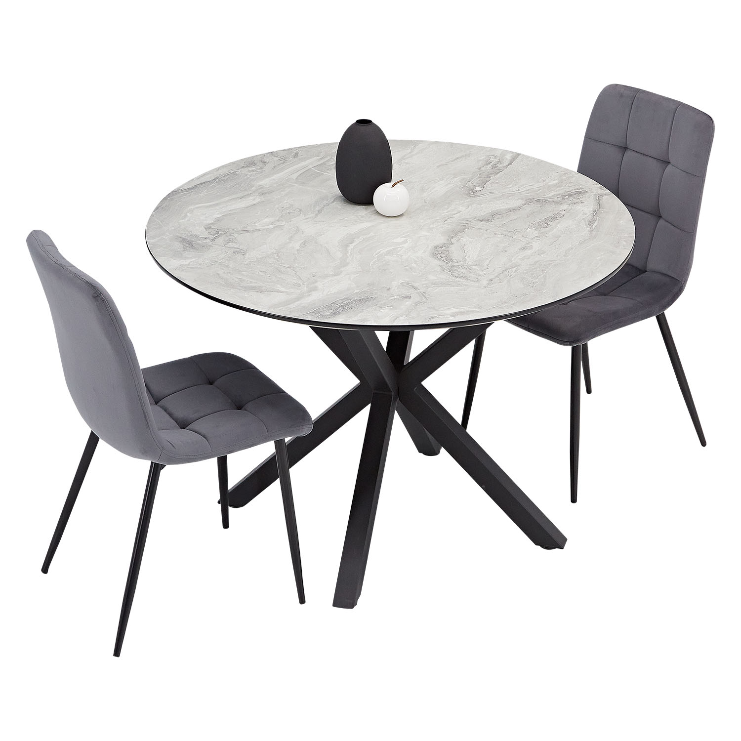 Dining set | 3-piece set upholstered chairs grey | dining table grey black metal frame round 110 cm