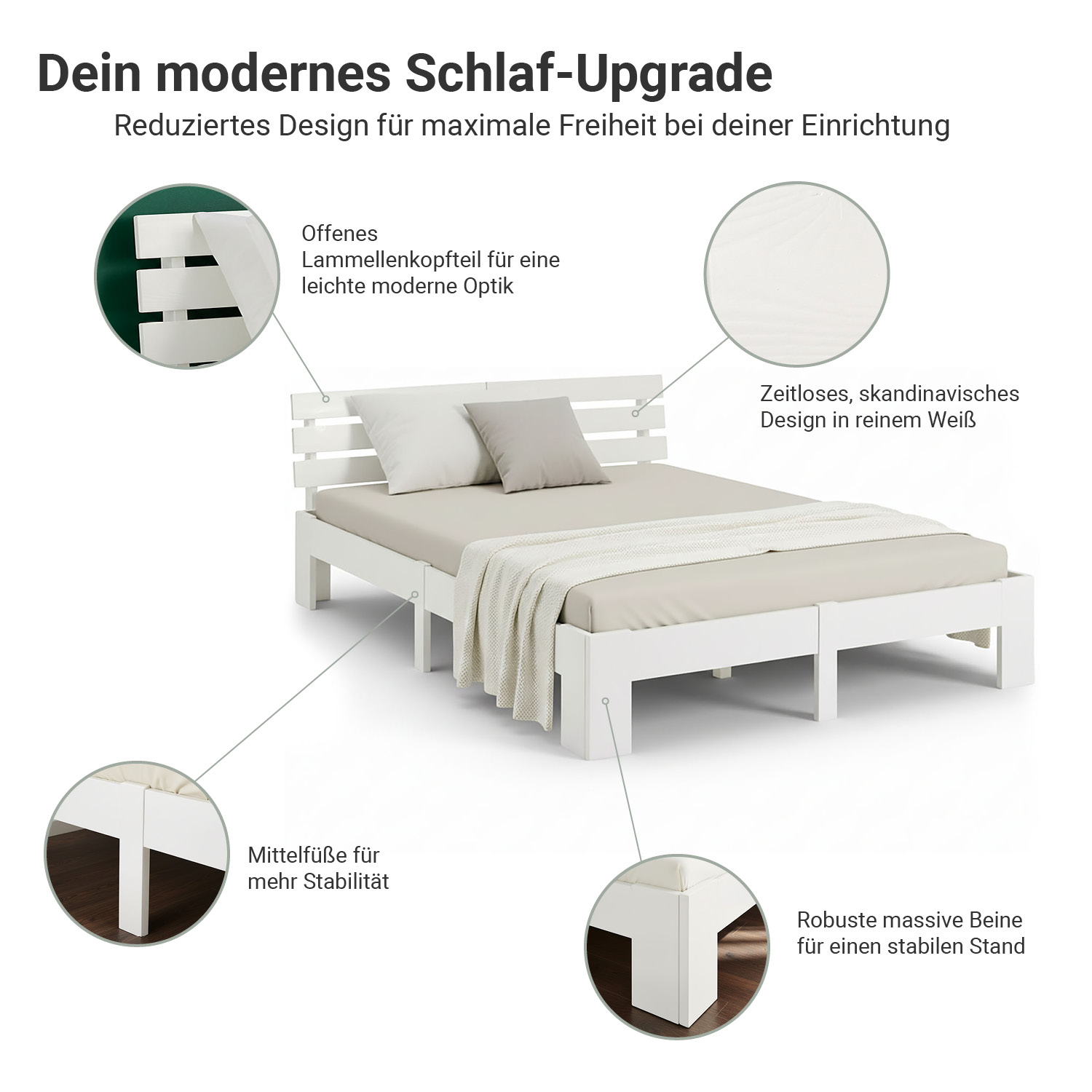Wood Bed 160x200 cm White | Double Bed | with 2 Mattress | Solid | Kids Youth Guest Bedroom