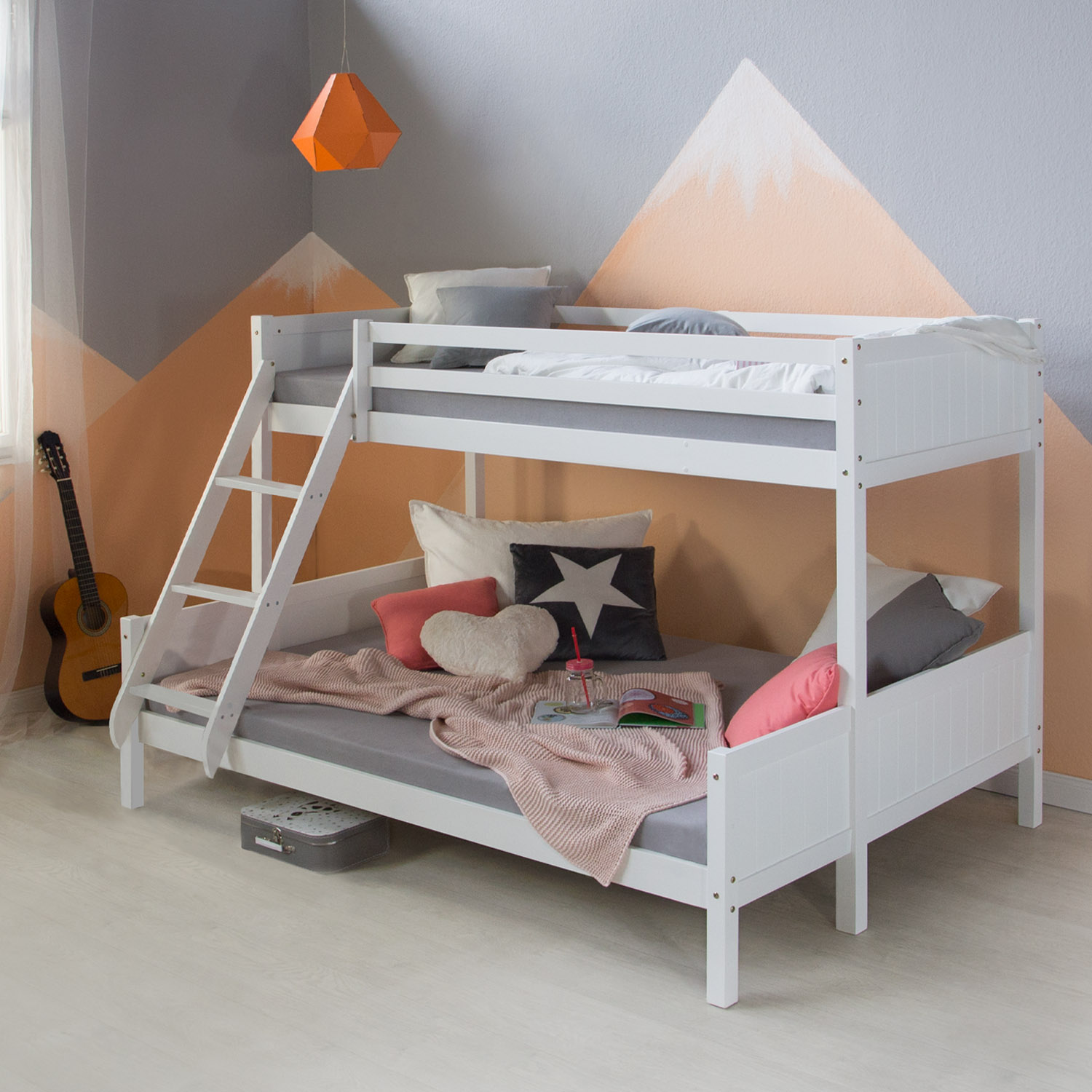 Children´s Bed Bunk Bed 90x200 and 140x200 High Sleeper Cot White Wood with Slats 2 Matresses