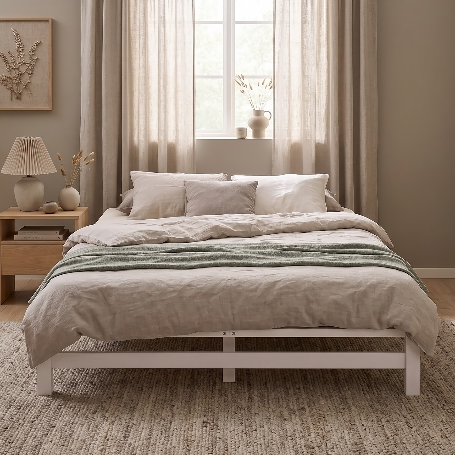 160x200 cm White Pallet Bed – Wooden Double Bed with 2 Mattress & Slatted Base for Teen Rooms, Guest Rooms, and Bedrooms