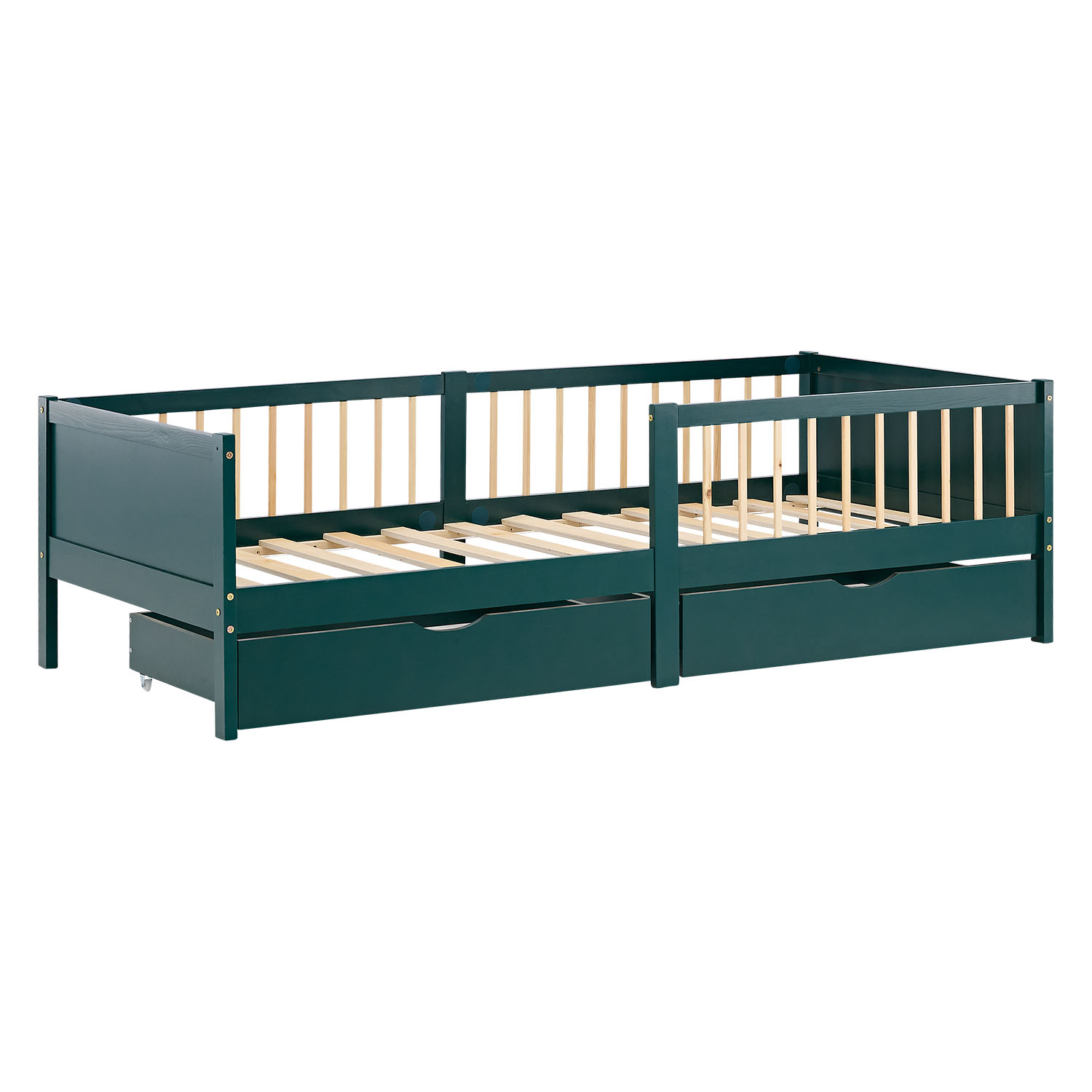 Children's Bed 90x200 cm Green | Wooden bed with 2 drawers | Single Bed | with Slatted Frame | Fall Protection