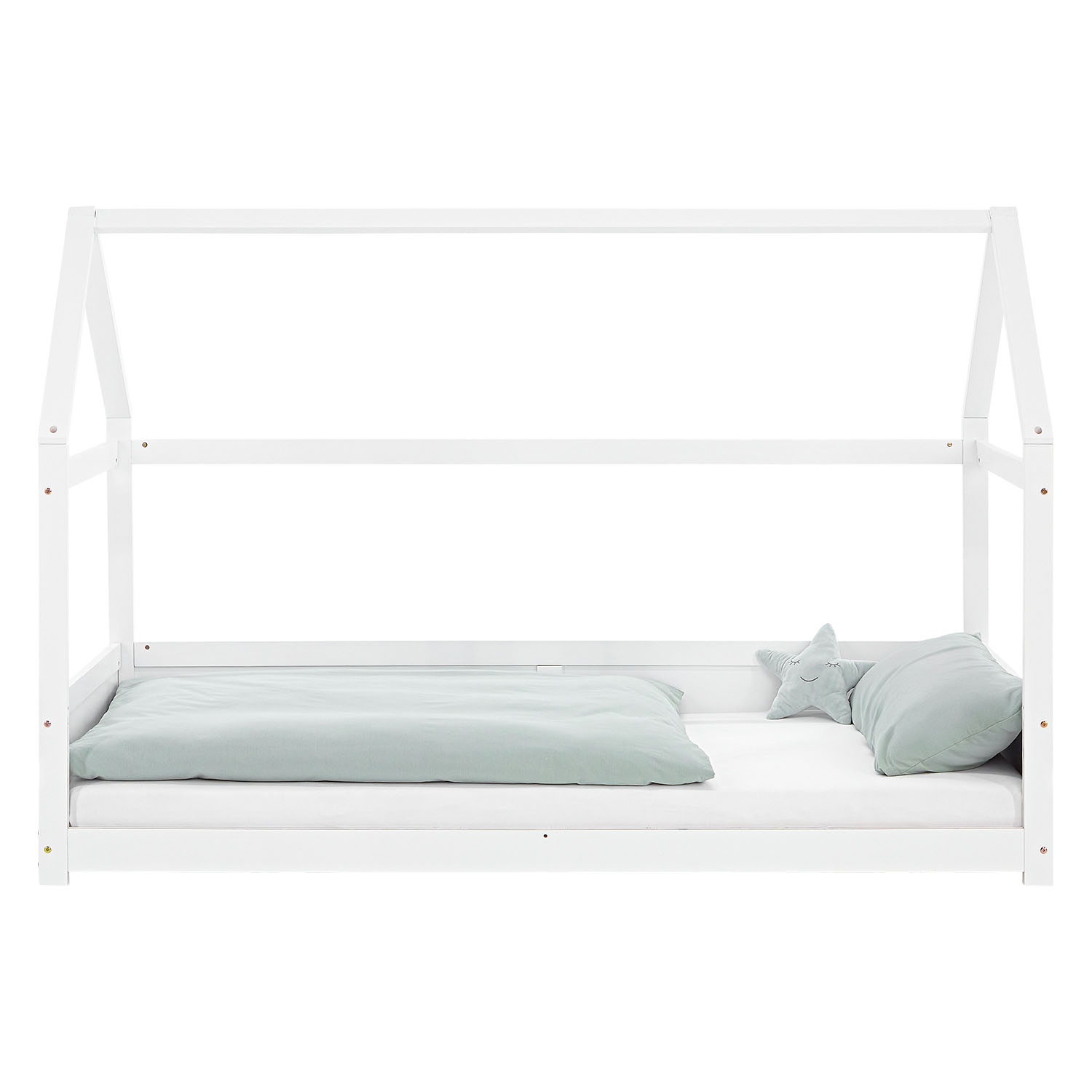 Children's Bed 90x200 cm White | House Bed with Fall Protection | Montessori | Single Bed | with Slatted Frame | Wood