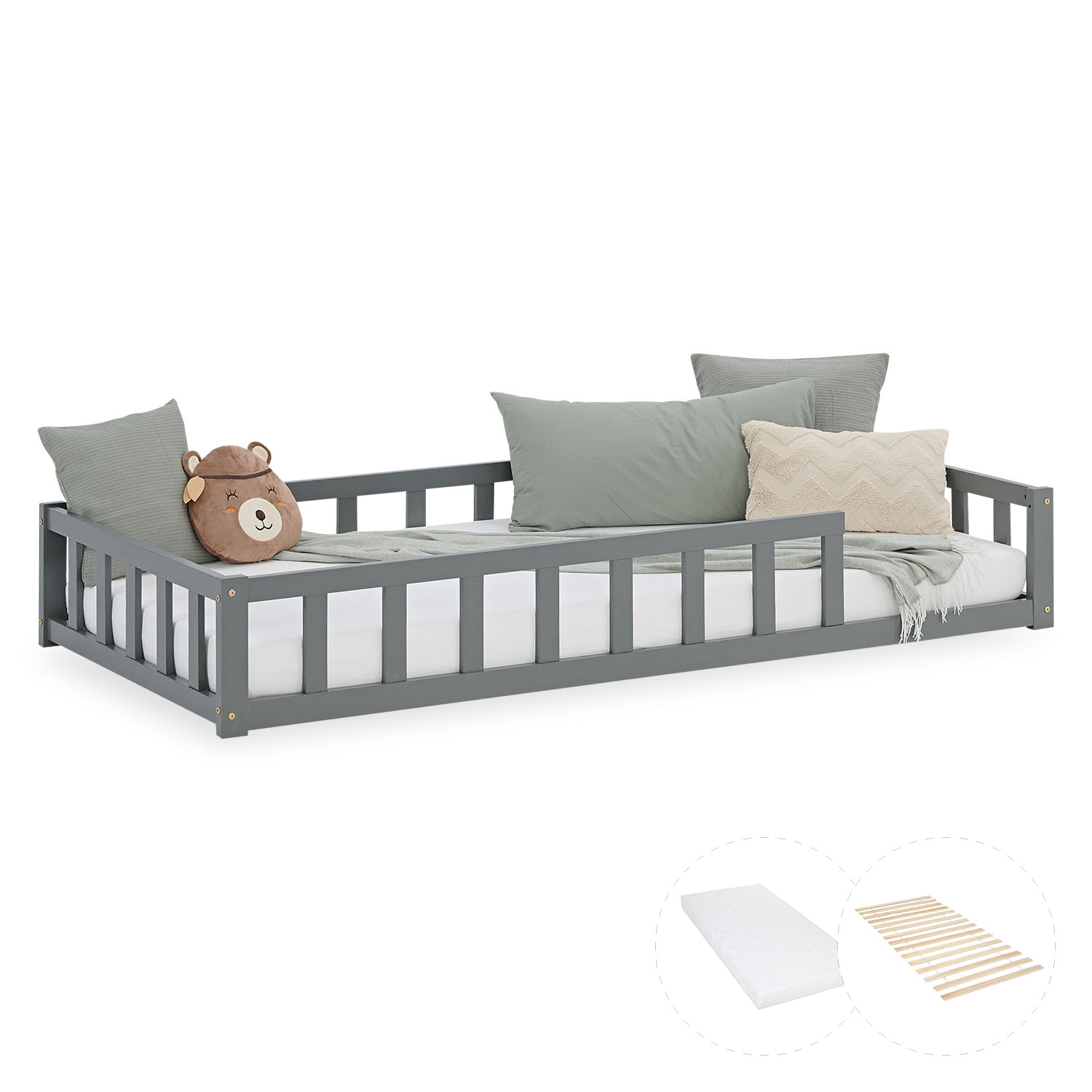 Children's Bed 90x200 Grey | Floor Bed with Mattress & Slatted Frame | with Fall Protection | Montessori