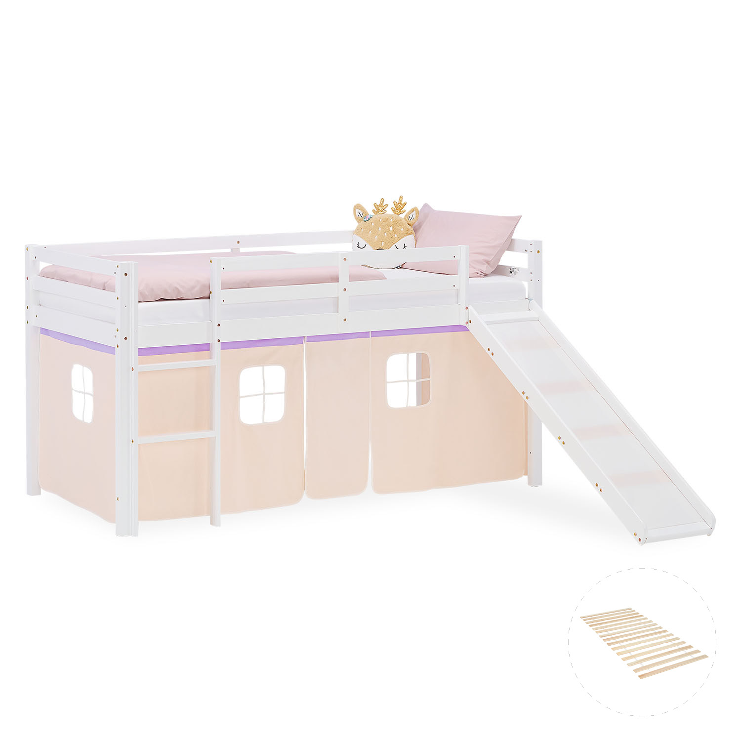 Loft Bed for Kids 90x200 cm White with Curtain in Lilac Beige | Slide | with Slatted Frame