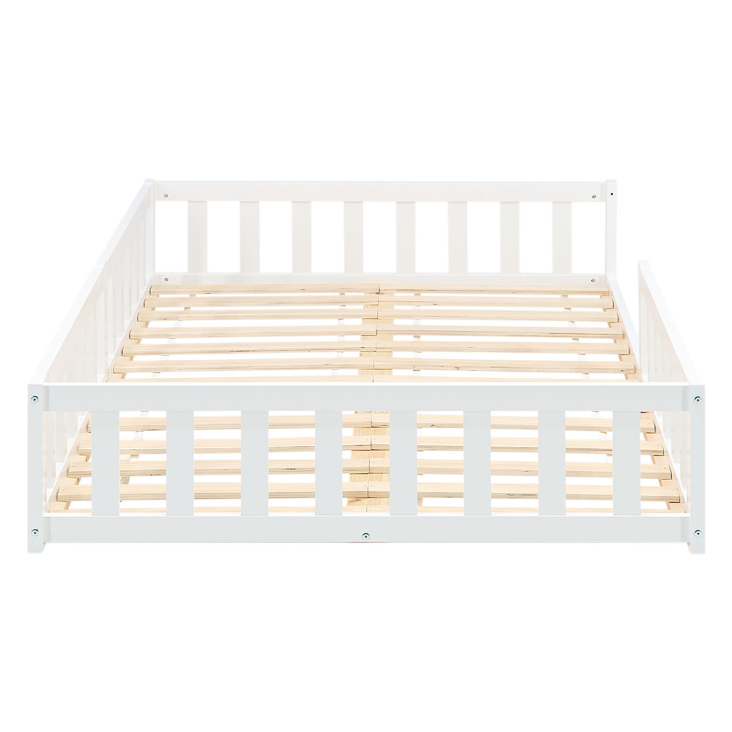 Montessori Crib 120x200 cm White with Safety Rail & Slatted Base – Solid Wood Crib