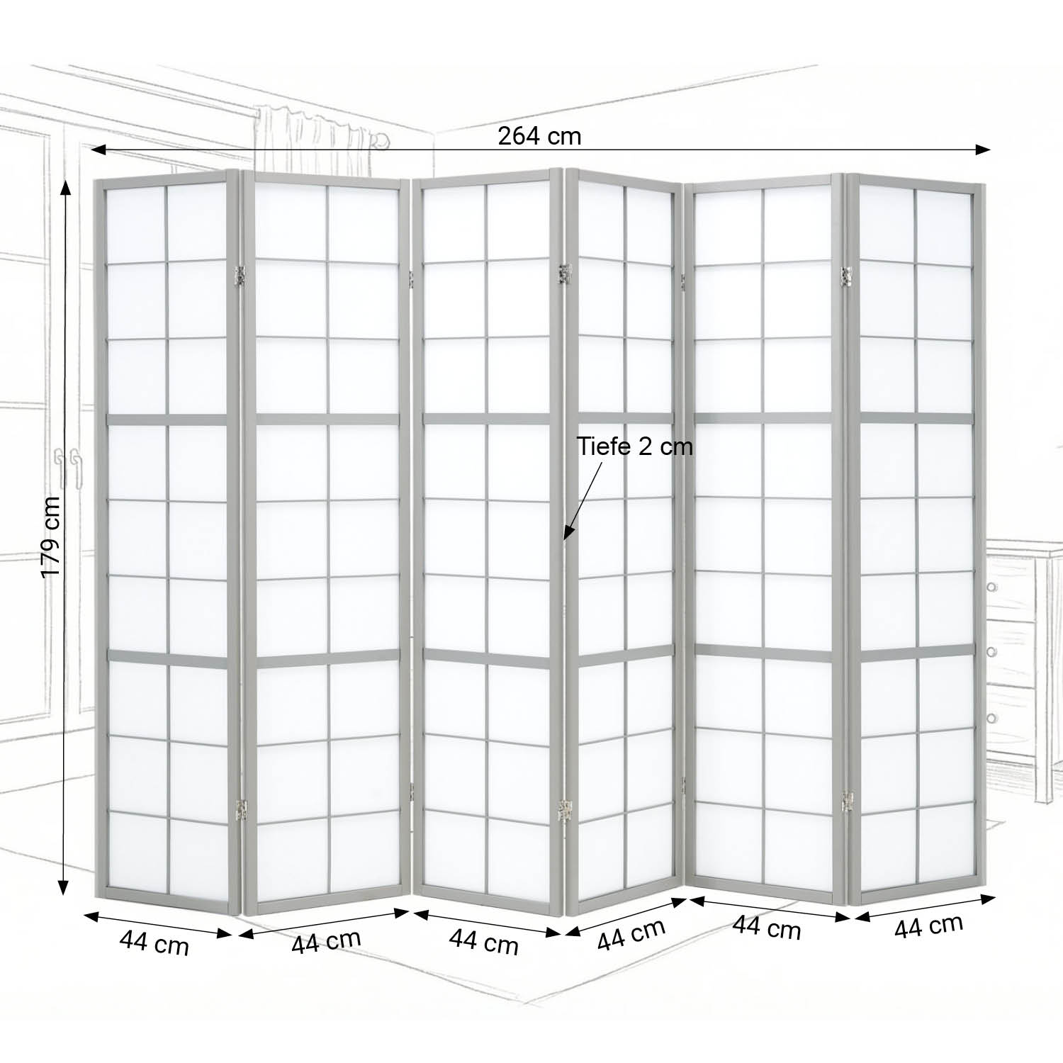 Paravent Grey Shoji | 6-panel | Wood | Room Divider | Partition Privacy Screen