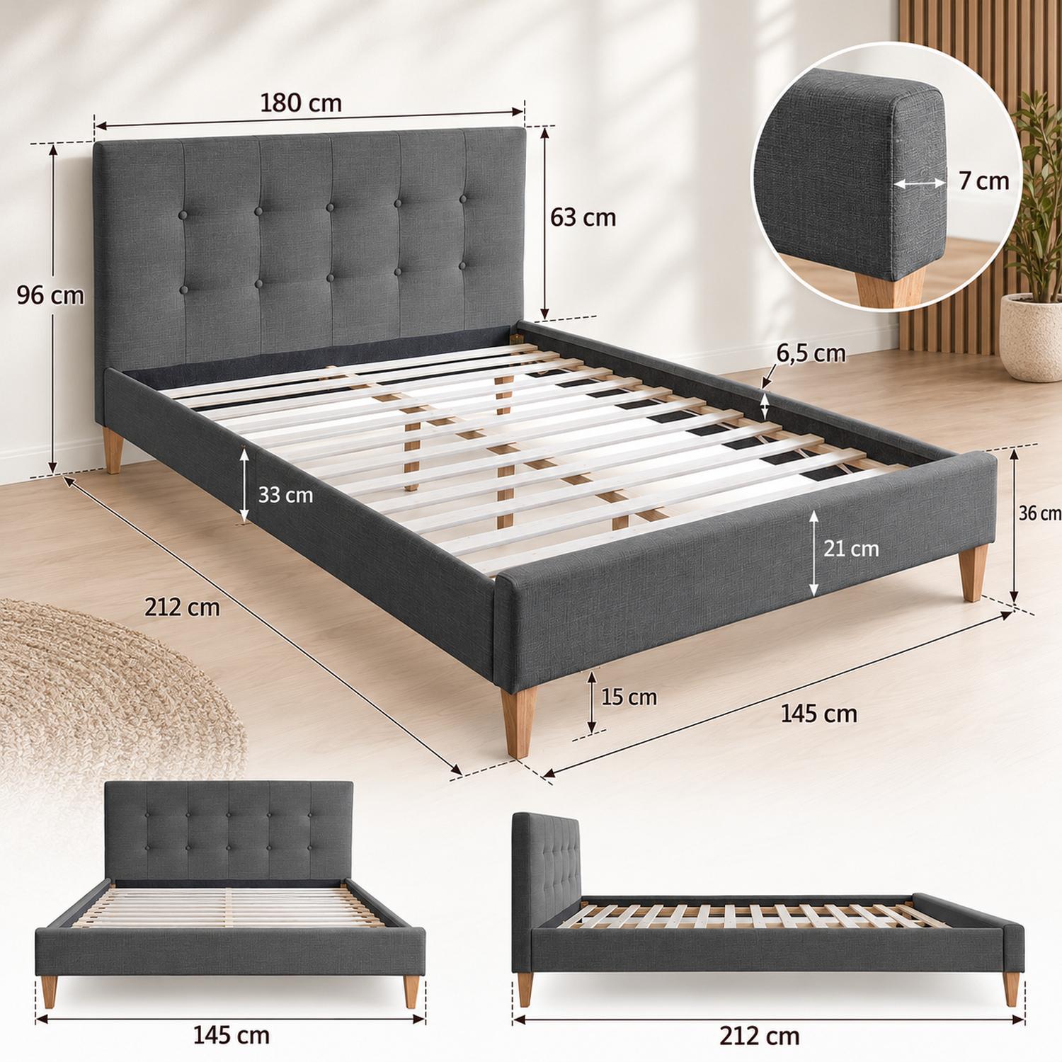 Upholstered bed 180x200 cm grey | with slatted frame | double fabric bed frame