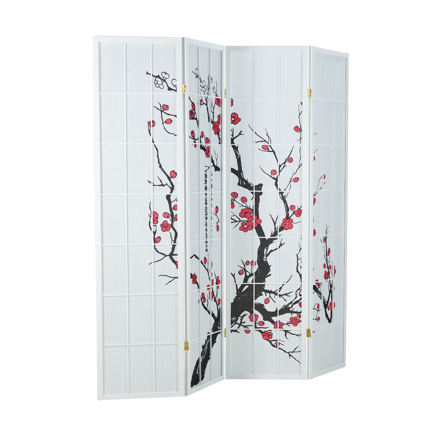 Paravent Raumteiler 4 teilig, Holz Reispapier Weiß, Kirschmuster, Höhe 175 cm