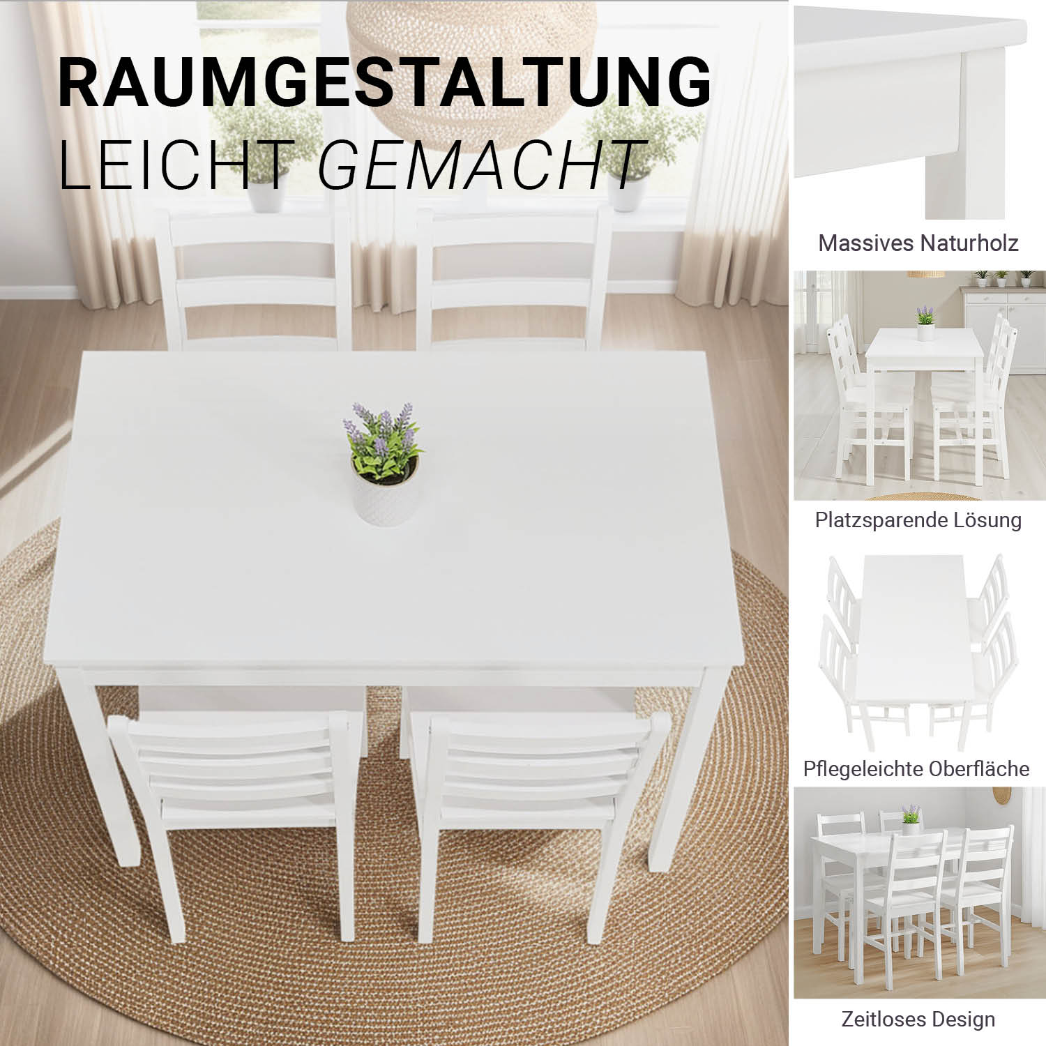 Dining set | 4-piece set chairs white | country style | wooden dining table 108 x 65 cm