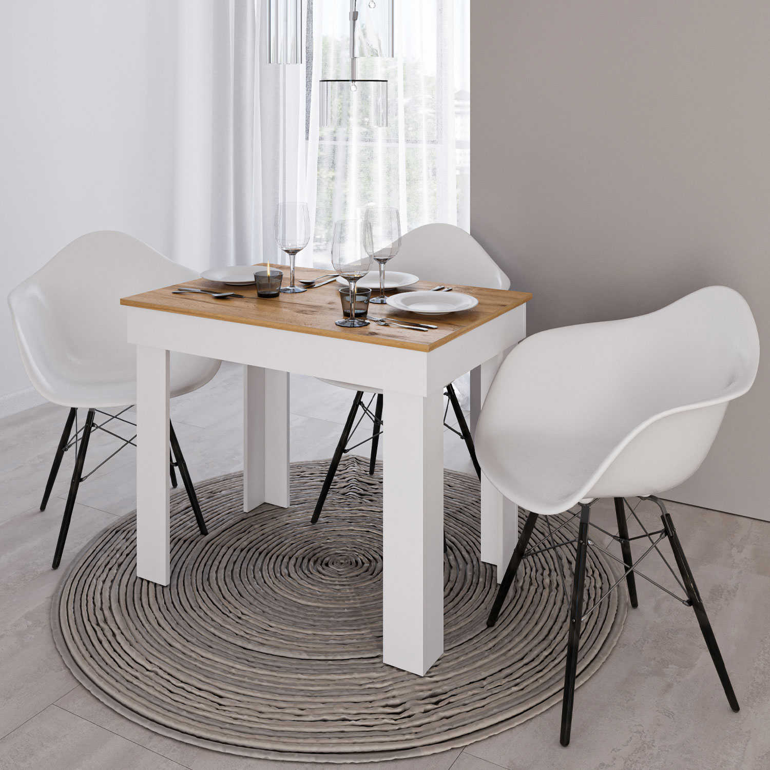 Esstisch Weiß/Eiche 90 x 60 cm – kompakter Küchentisch & Wohnzimmertisch