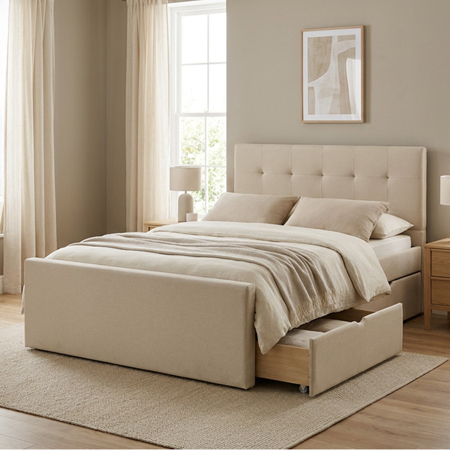 Upholstered bed 140x200 cm beige | with slatted frame | with 2 bed drawers | double fabric bed frame