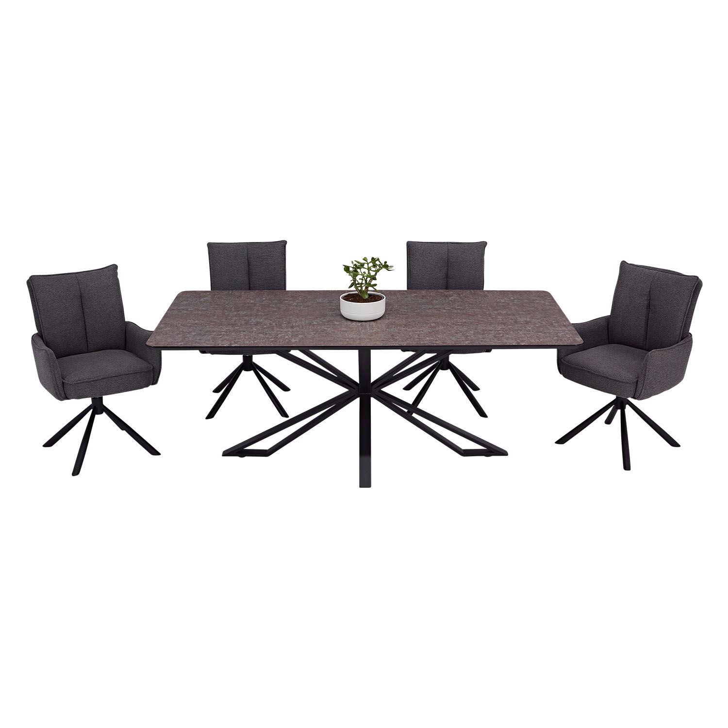 Dining set | 4-piece set upholstered chairs anthracite with armrest | swivel | dining table brown metal frame 200 x 100 cm