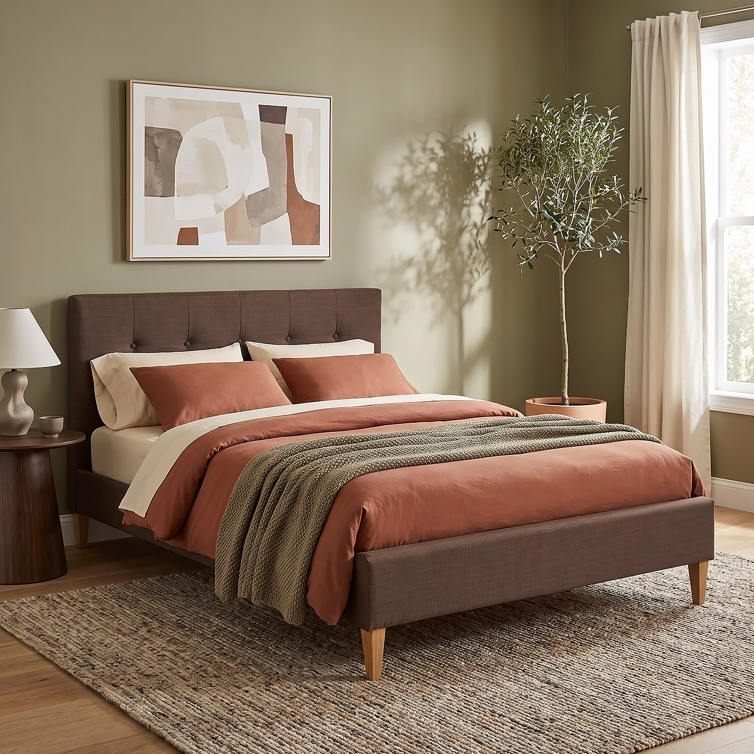 Upholstered bed 140x200 cm brown | futon bed | with slatted frame | double fabric bed frame