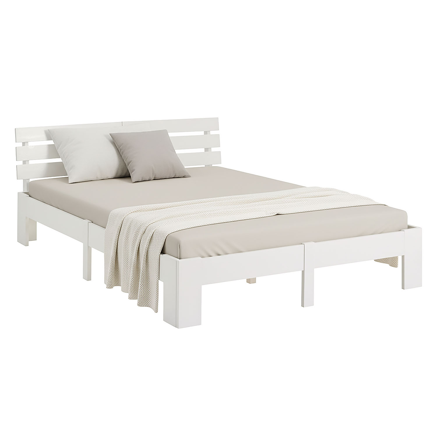 Wood Bed 160x200 cm White | Double Bed | with 2 Mattress | Solid | Kids Youth Guest Bedroom