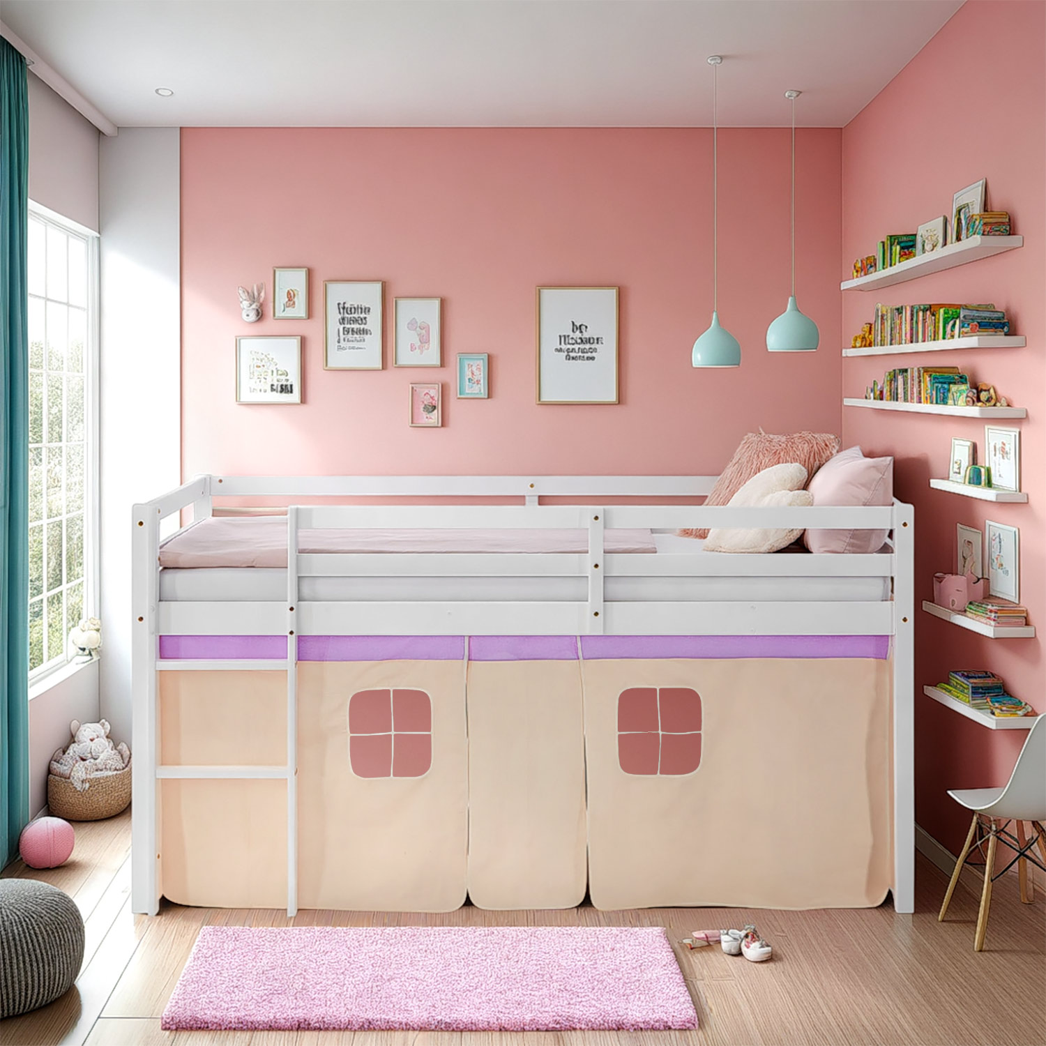 White mid-height children's bed with beige curtains and purple trim ? play bed with ladder, set in a pink girls? room with decorations and wall shelves