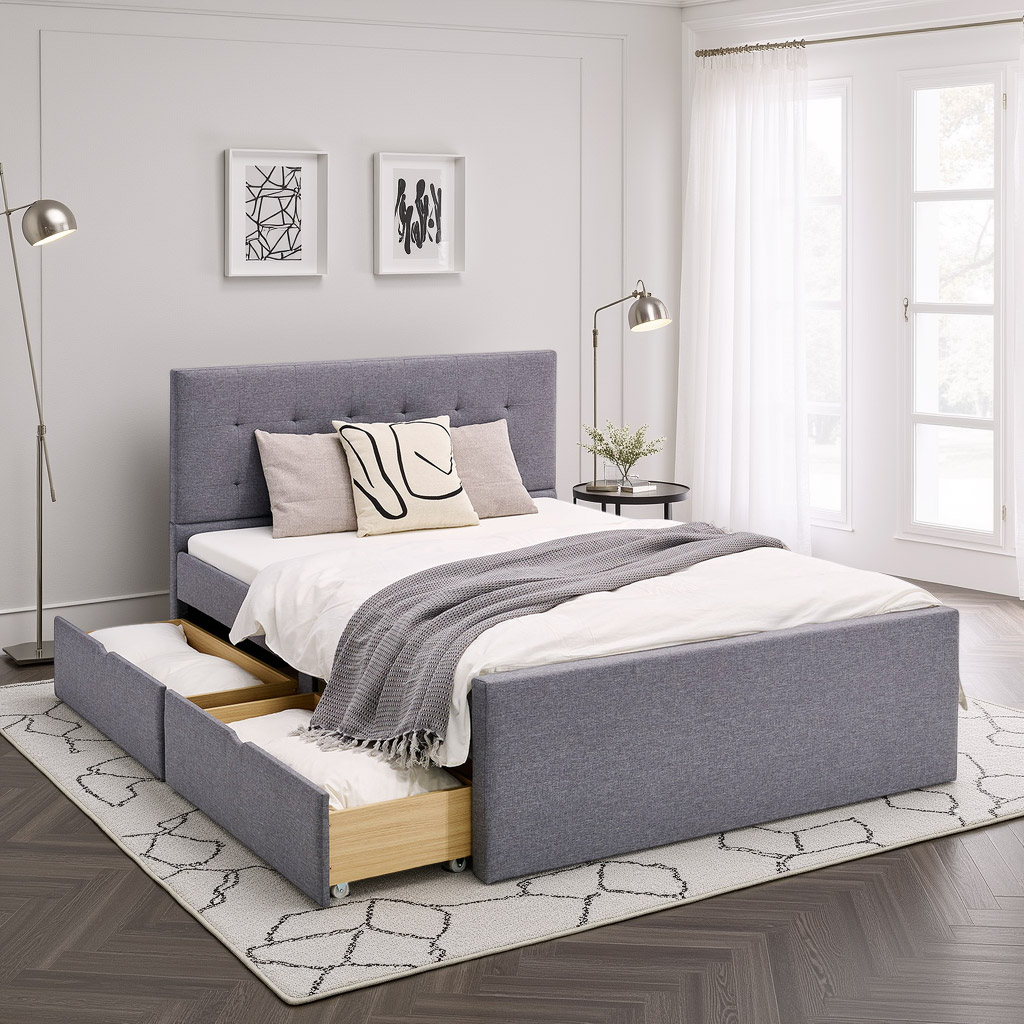 Upholstered bed 120x200 cm grey | with slatted frame | with 2 bed drawers | double fabric bed frame