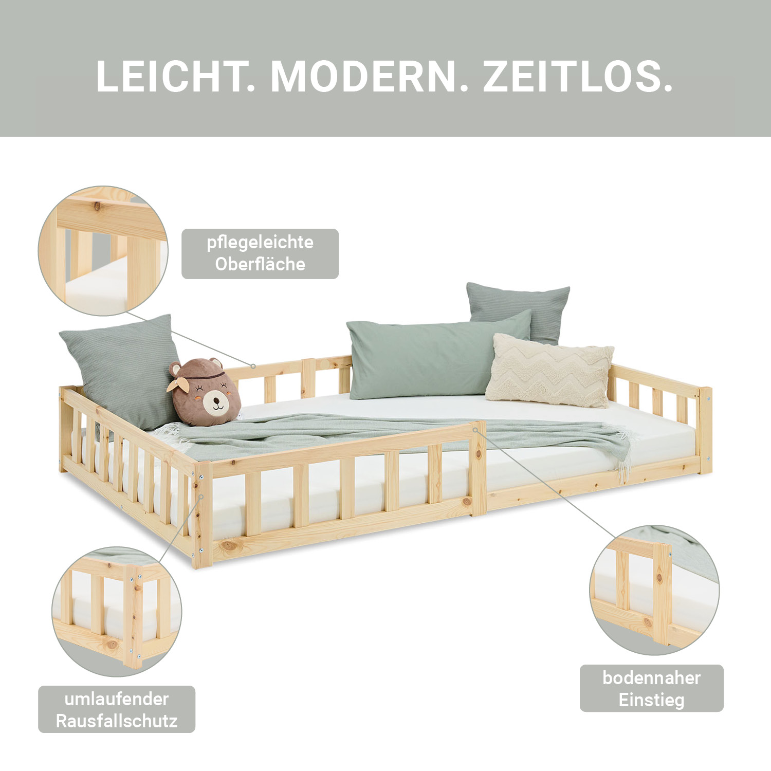 Montessori Crib 120x200 cm Natural, Includes Mattress & Slatted Base – Floor-Level Crib with Safety Rails Made of Solid Wood