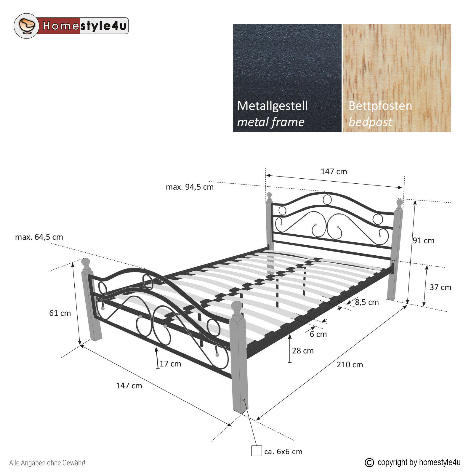 Metal bed 140 160 180 x 200 Bed frame with slatted frame Double Bed Wood Black Brown