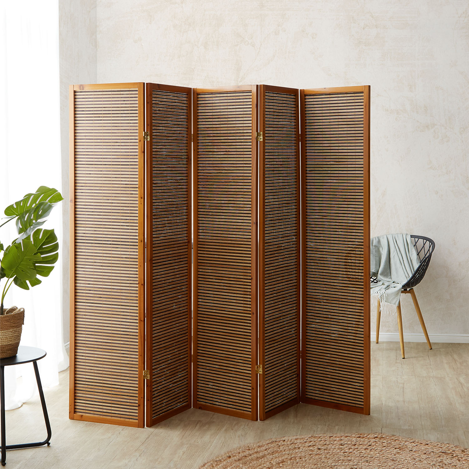 Paravent Brown Wooden Slats | 5-panel | Wood | Room Divider Partition Privacy Screen