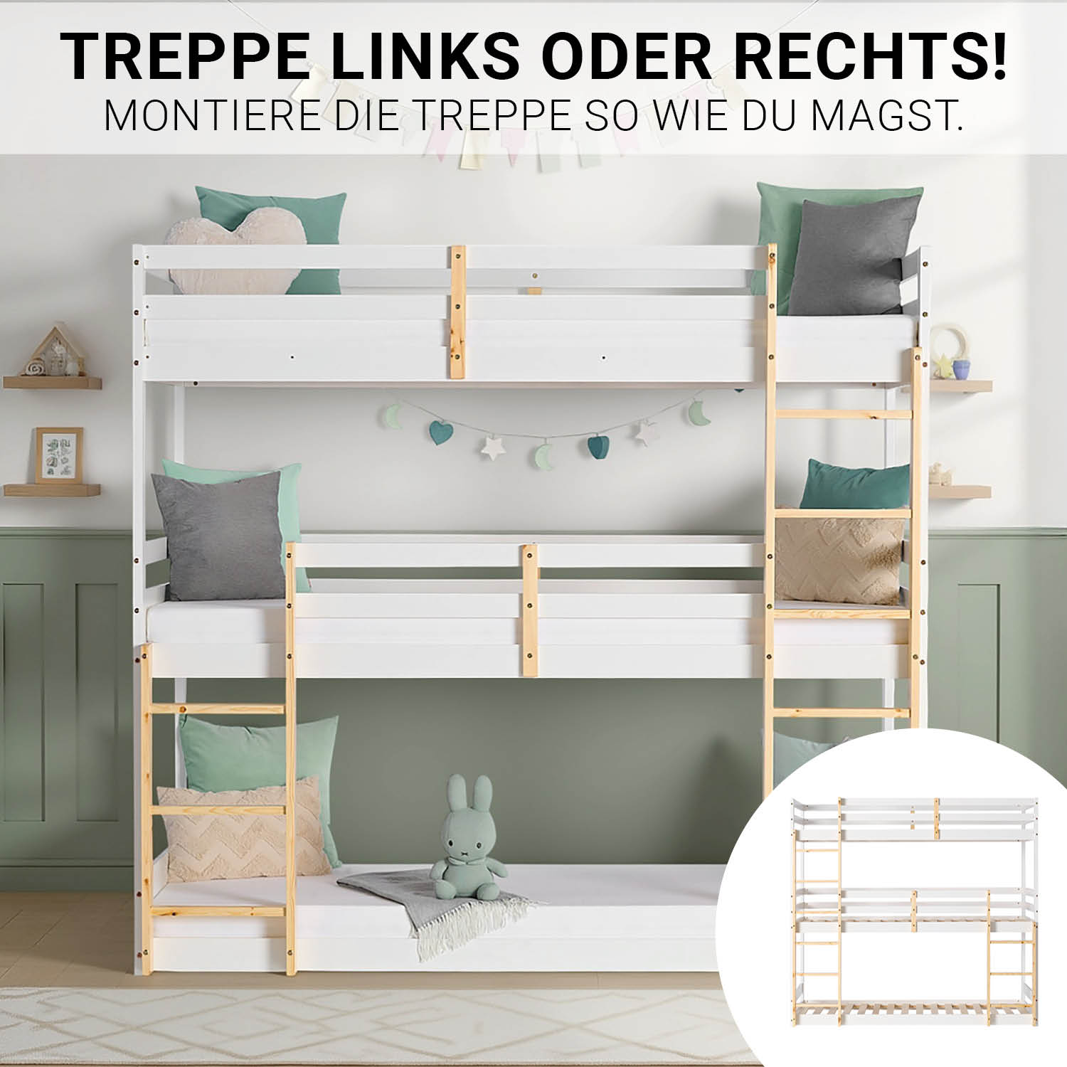 3-tier bunk bed, white/natural, 90x200 cm, with slatted base