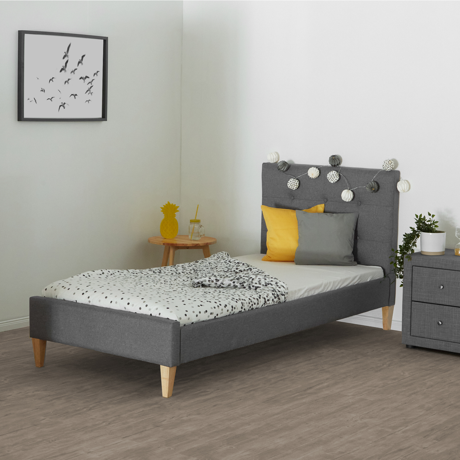 Upholstered bed, 90x200 cm, gray, with slatted frame – single bed, fabric bed with headboard, modern youth bed