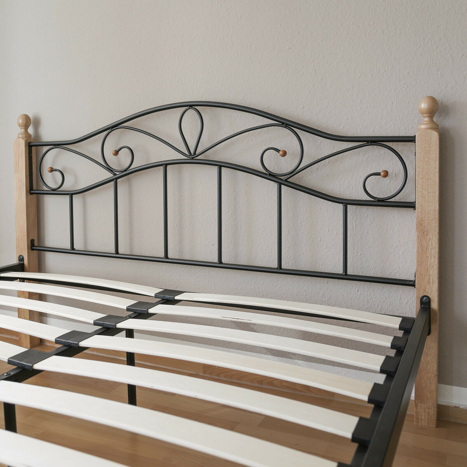 Metal Bed Iron Bed Double 160 x 200 Wood Slatted black natural bed frame 920 Metal Bed Iron Bed Double 160 x 200 Wood Slatted black natural bed frame 920