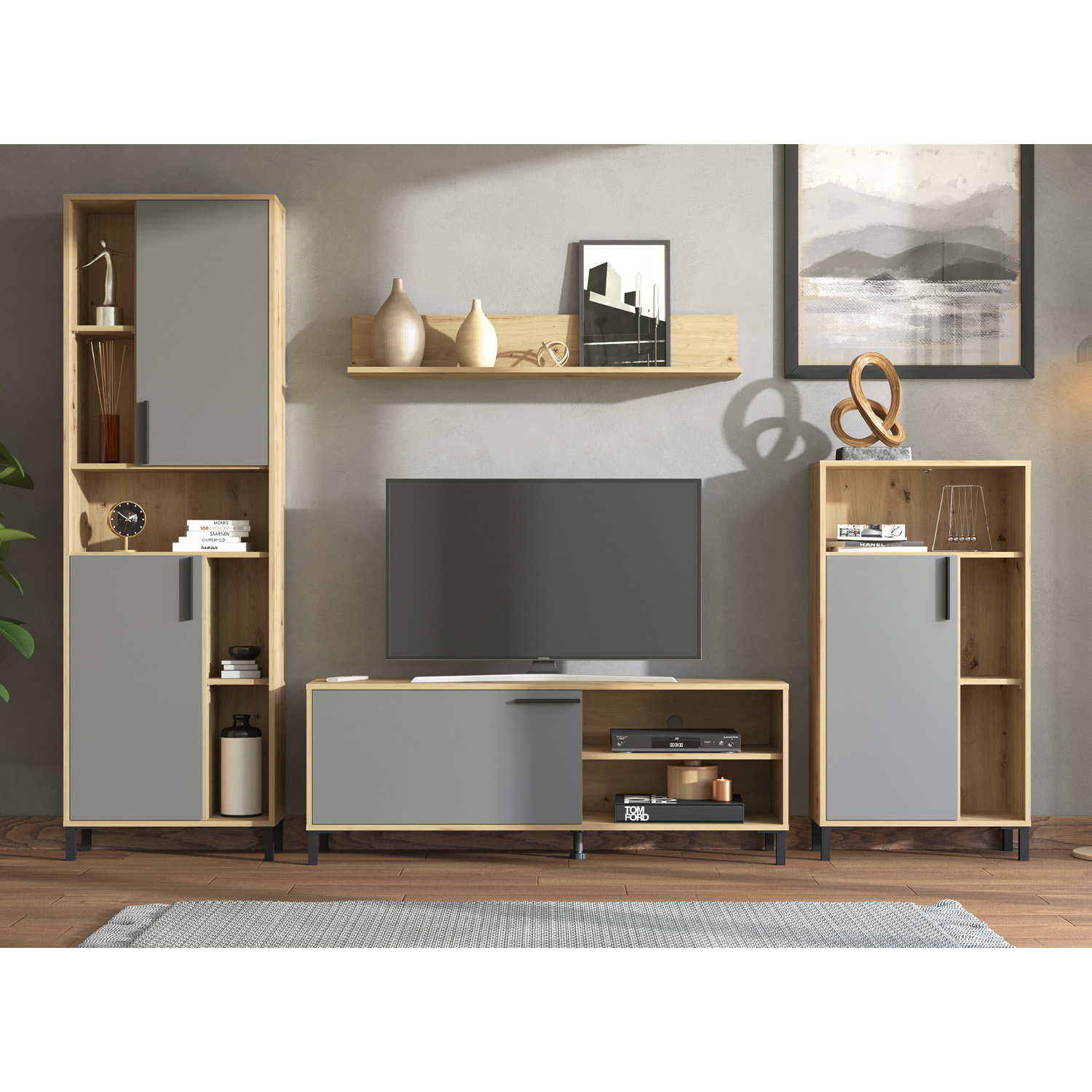 Modern living room unit 4 part cupboard set white grey wall unit wood oak TV set with storage entertainment center