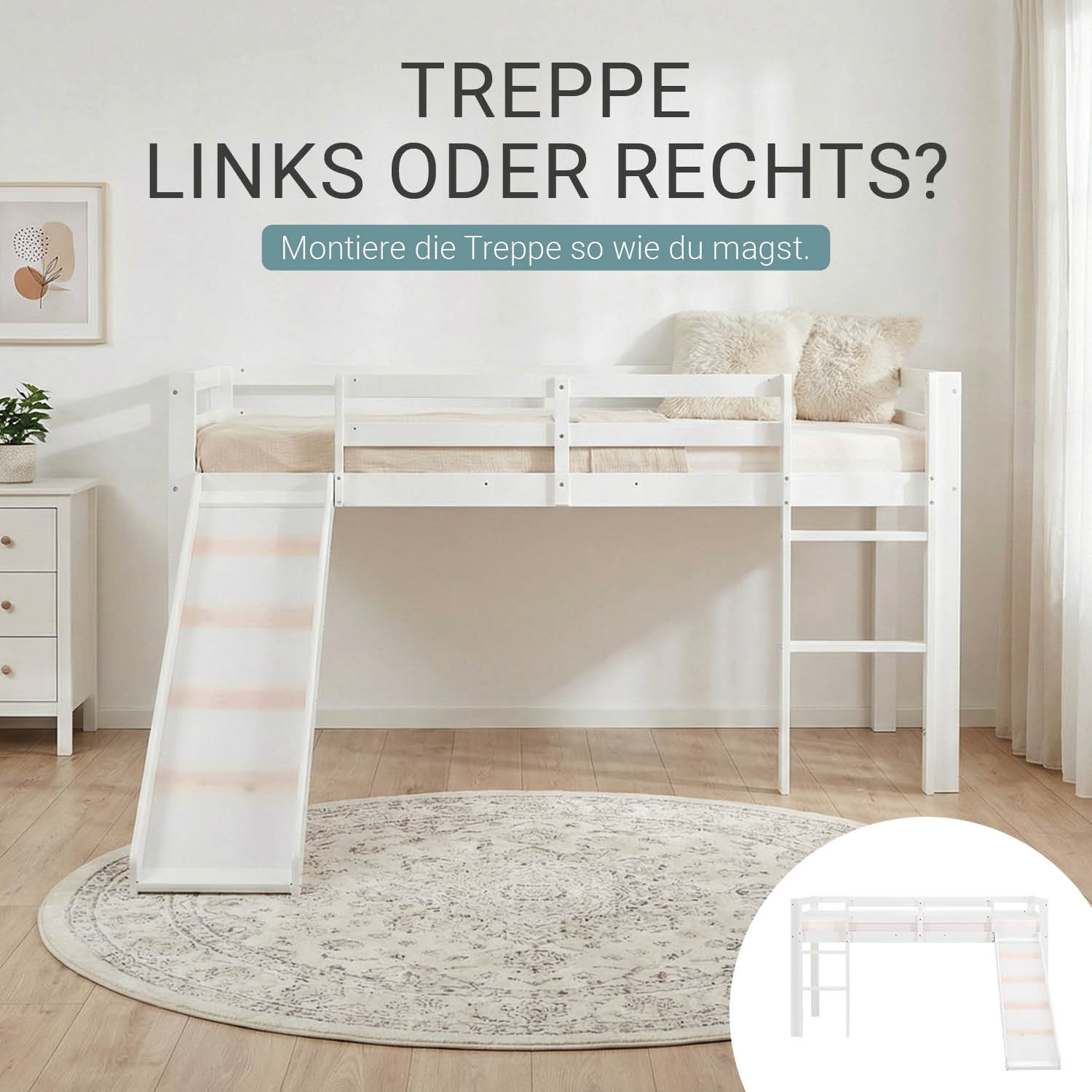 Loft Bed with Mattress, Slatted Base, and Slide – 90x200 cm – Children's Bed – White – Solid Wood