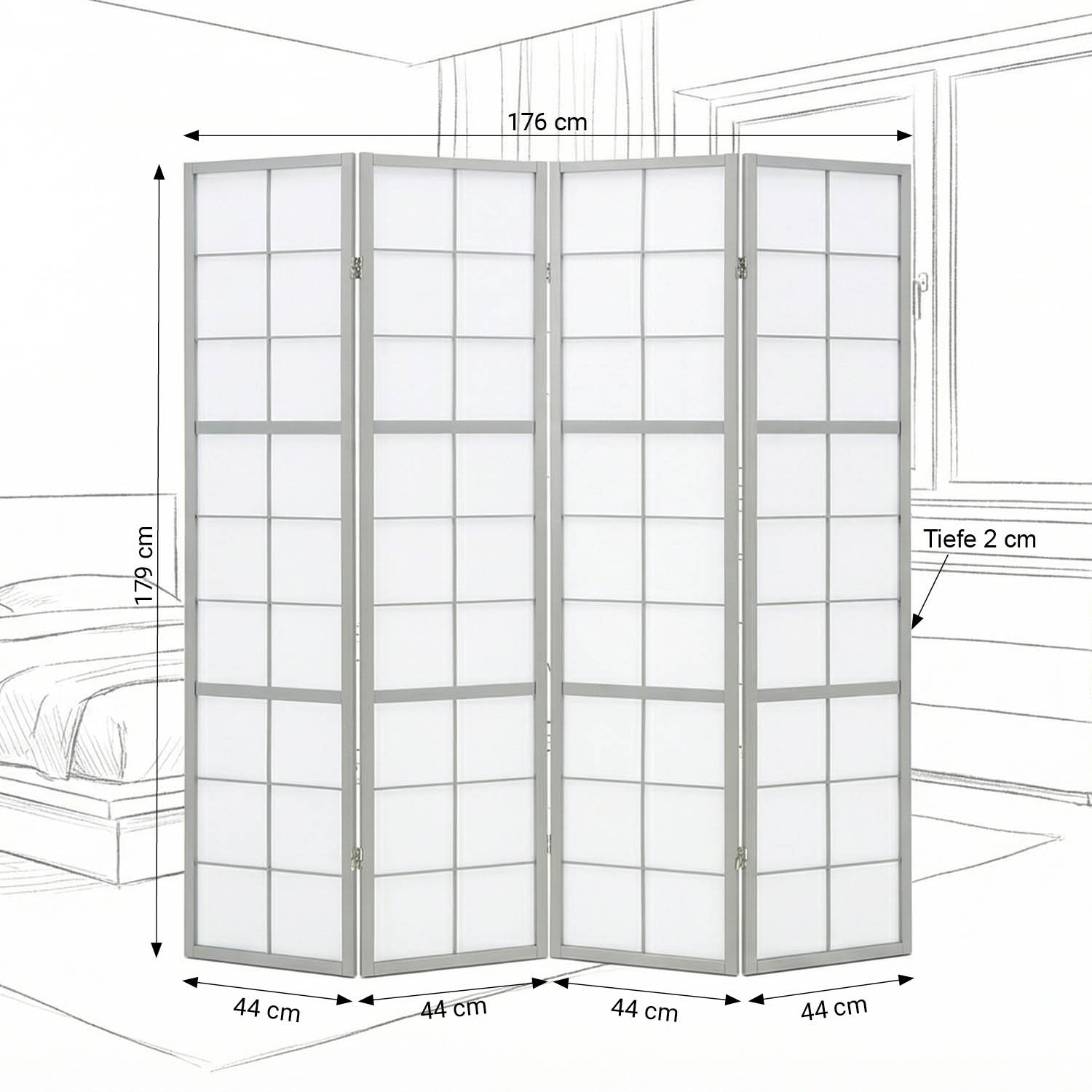 Paravent Grey Shoji | 4-panel | Wood | Room Divider | Partition Privacy Screen