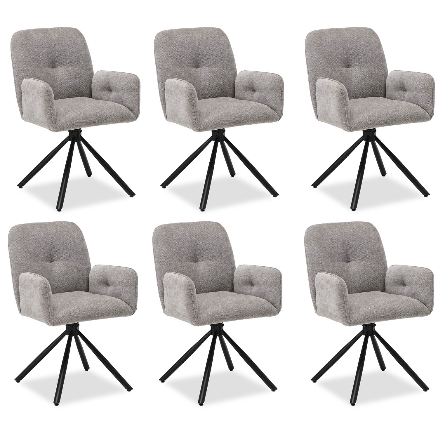 Upholstered Chair Fabric Grey | Set of 6 | swivel | with Armrests | Kitchen Dining Room Office