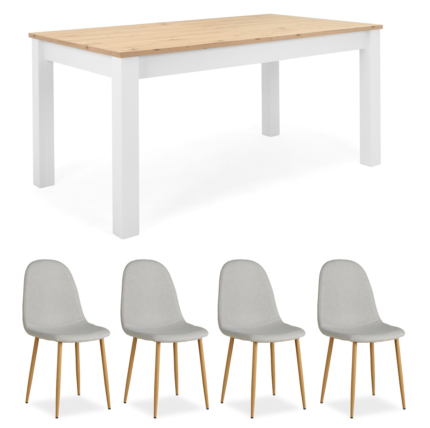 White/oak dining set, 160–215 cm extendable, with 4 light gray upholstered chairs
