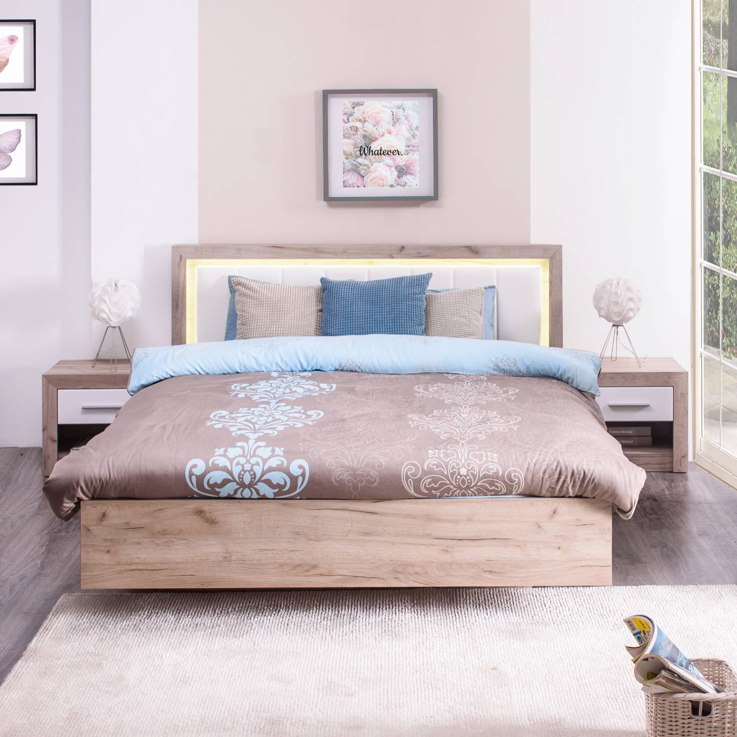 Wooden bed with upholstered headboard 160x200 cm oak und Leder Weiß | with 2 slatted frames | double fabric bed