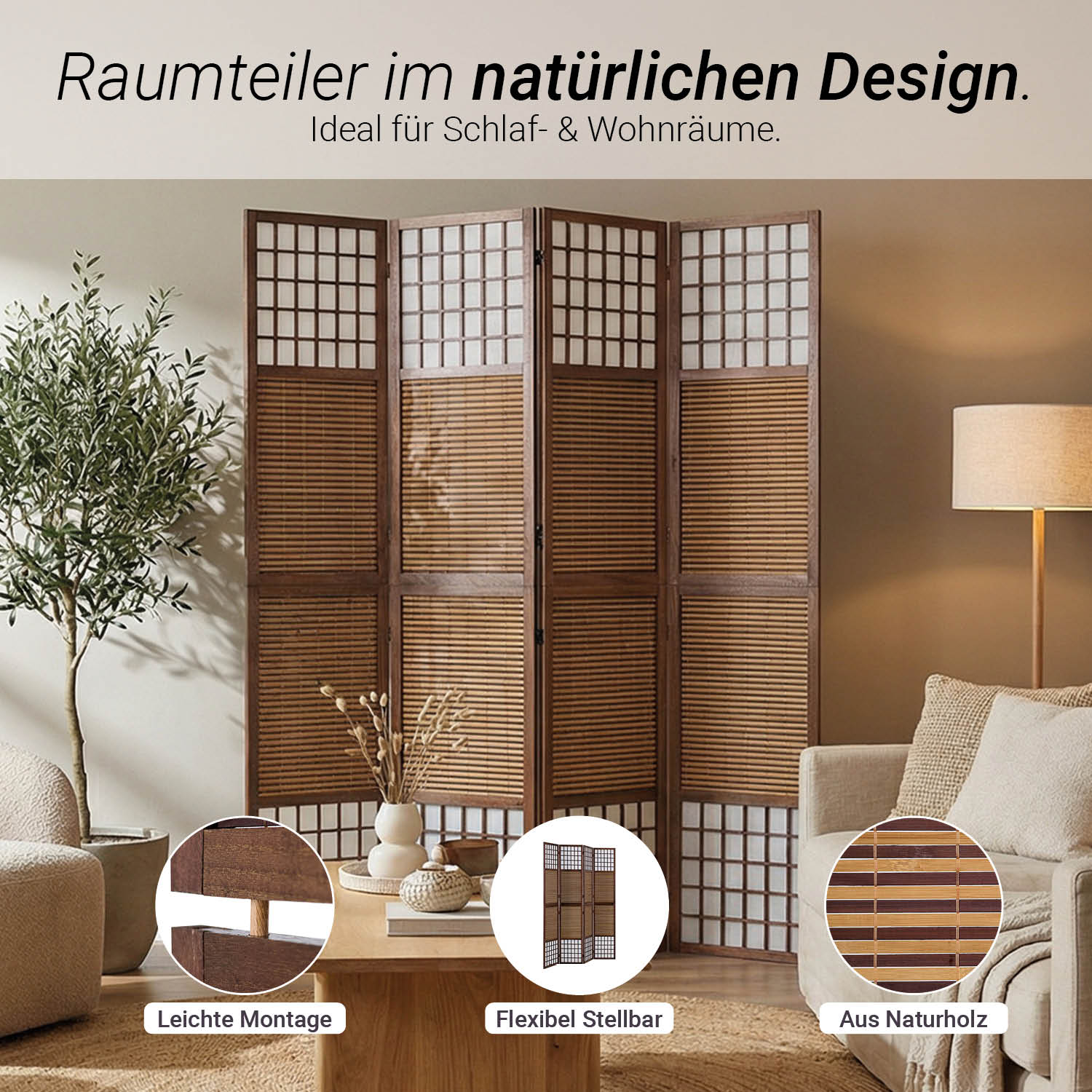 Paravent Brown Bamboo Shoji Rice Paper White Height 200 cm | 4-panel | Wood | Room Divider Partition Privacy Screen
