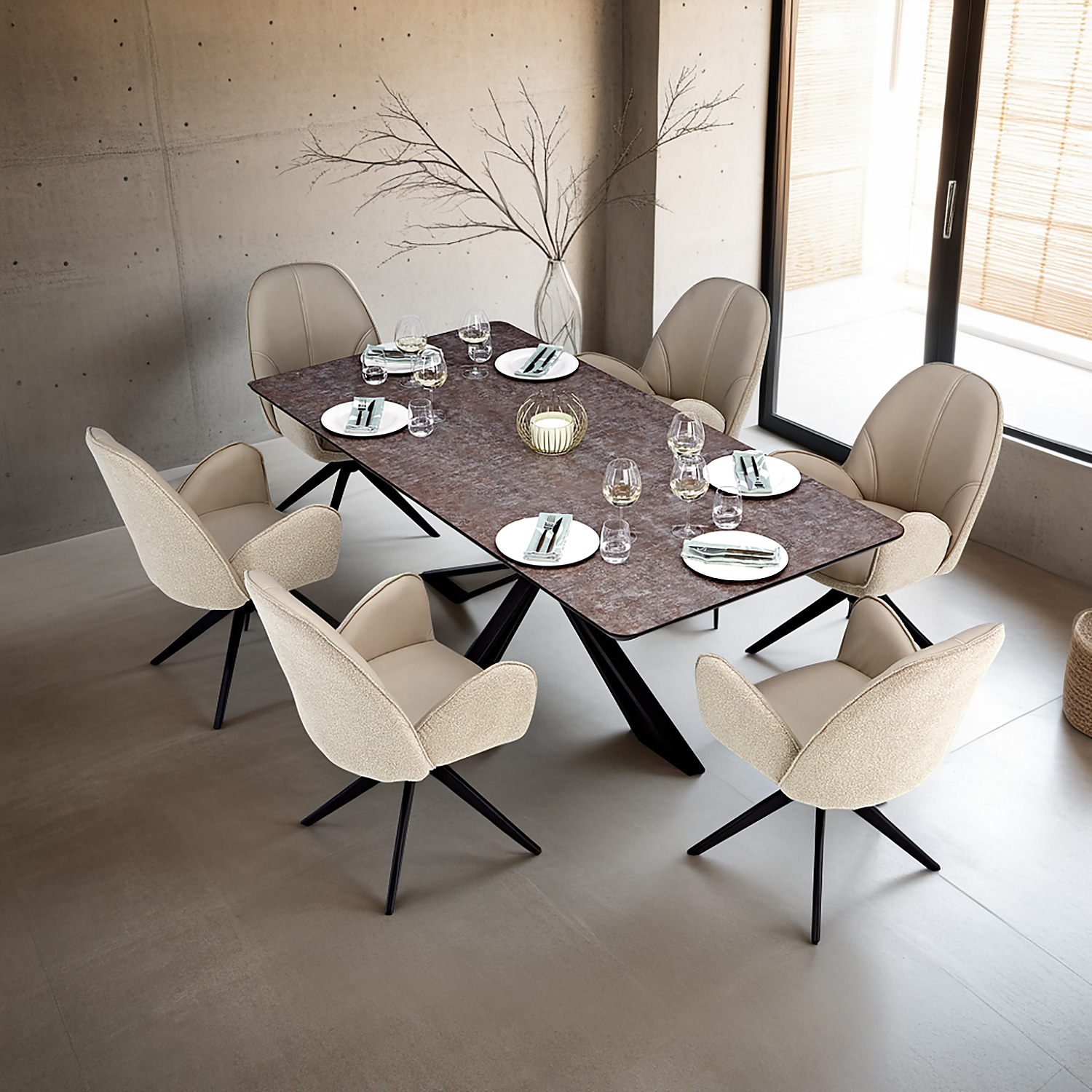 Essgruppe 200 x 100 cm braun mit 6 drehbaren Bouclé/Leder-Stühlen beige – modern & gemütlich