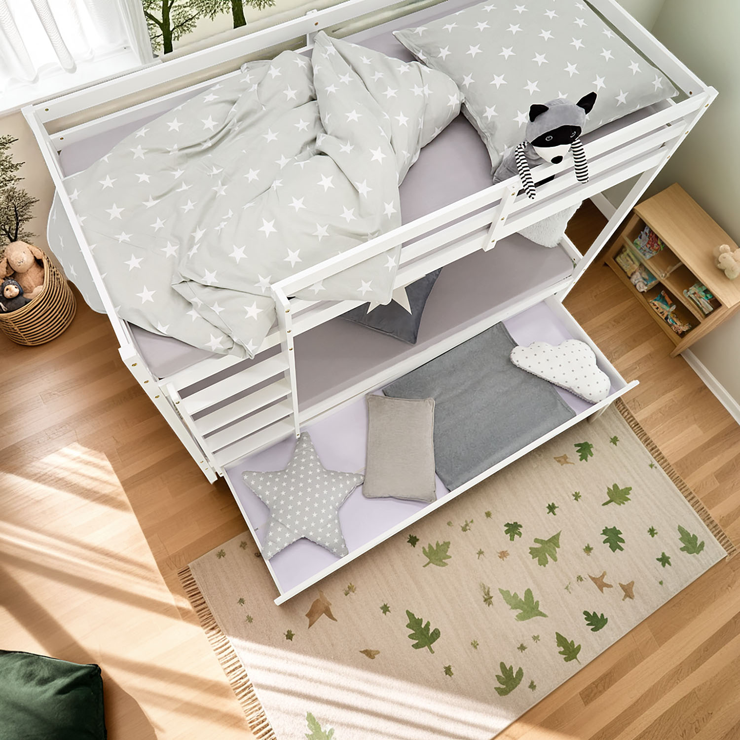 Bunk bed with drawer and 2 matresses Children bed 90x200 cm wooden Kids bed High sleeper White Slats