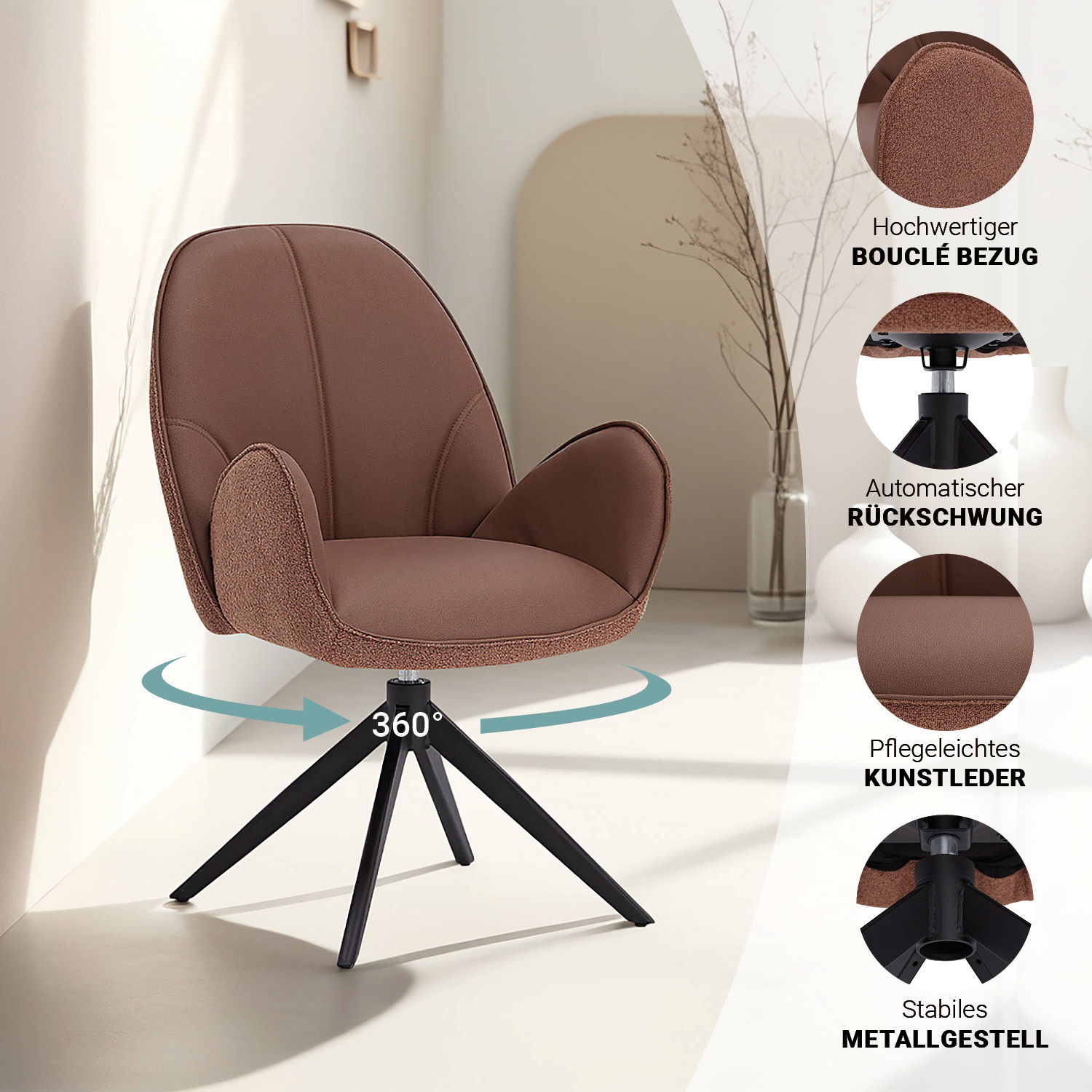 Esstisch mit 4 oder 6 Stühlen Set Essgruppe Polsterstühle Drehbar Bouclé Leder Braun Beige Esszimmertisch 200x100 cm