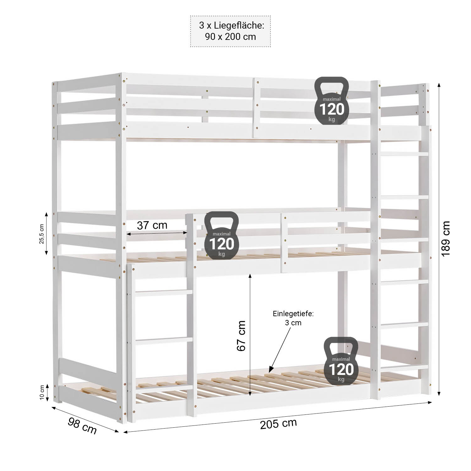 Triple Bunk Bed 90x200 with Mattresses Children´s Bed High Sleeper Cot White Wood Loft Bed Kids Bed