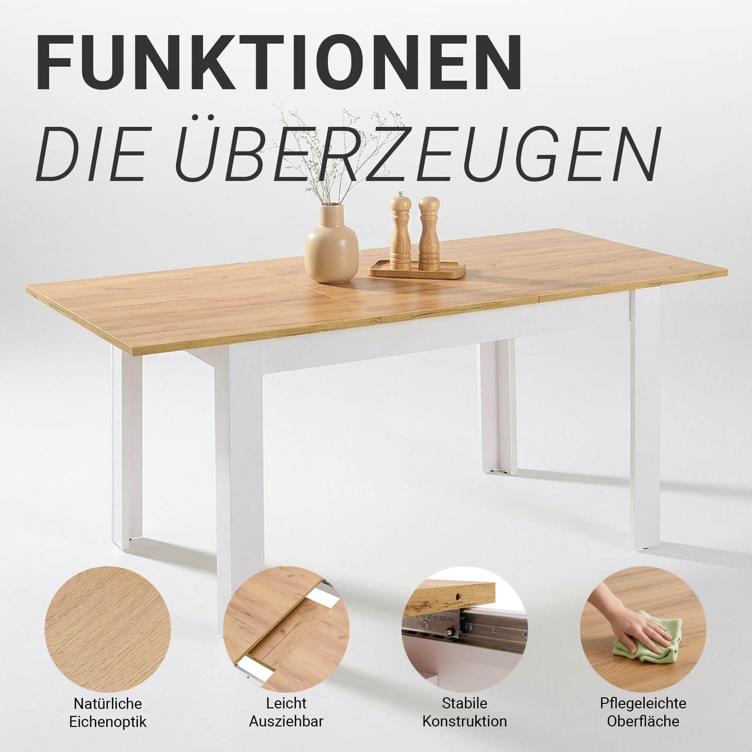 Modern Dining Table Kitchen Table White Wooden Table 135x86 cm Wotan Oak 8 Seater Extendable
