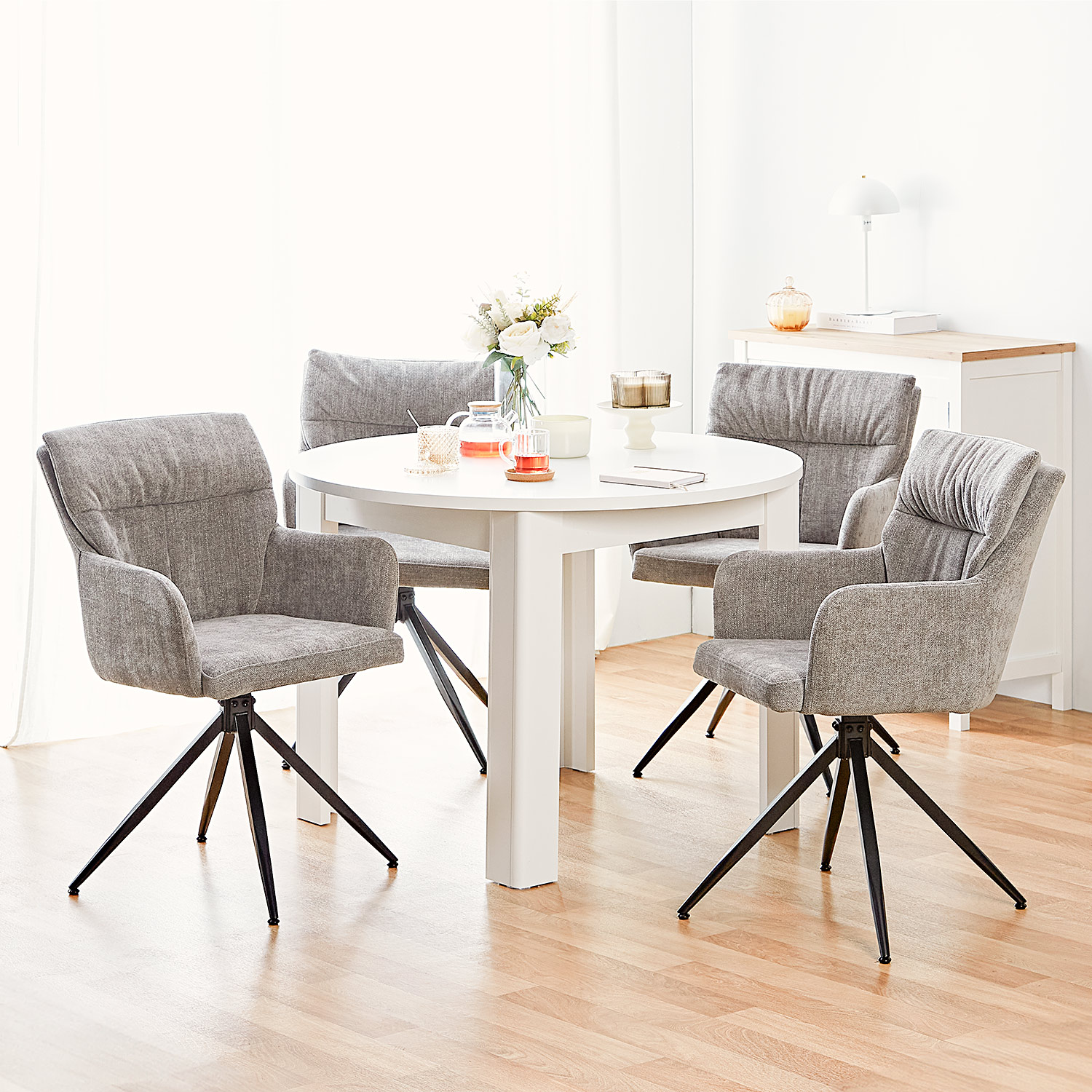 Modern Dining Table Round Kitchen Table Ø 106 cm Wooden Table Oak White 4 Seater